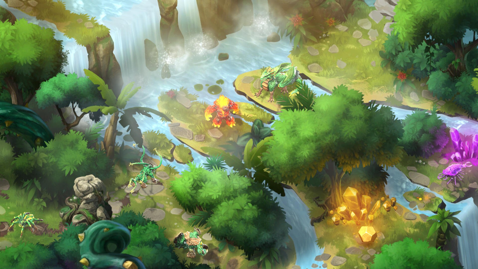 A vibrant 4K Ultra HD desktop wallpaper showcasing a lush landscape from Eldrador Creatures Shadowfall, featuring a river, waterfalls, and rich greenery.