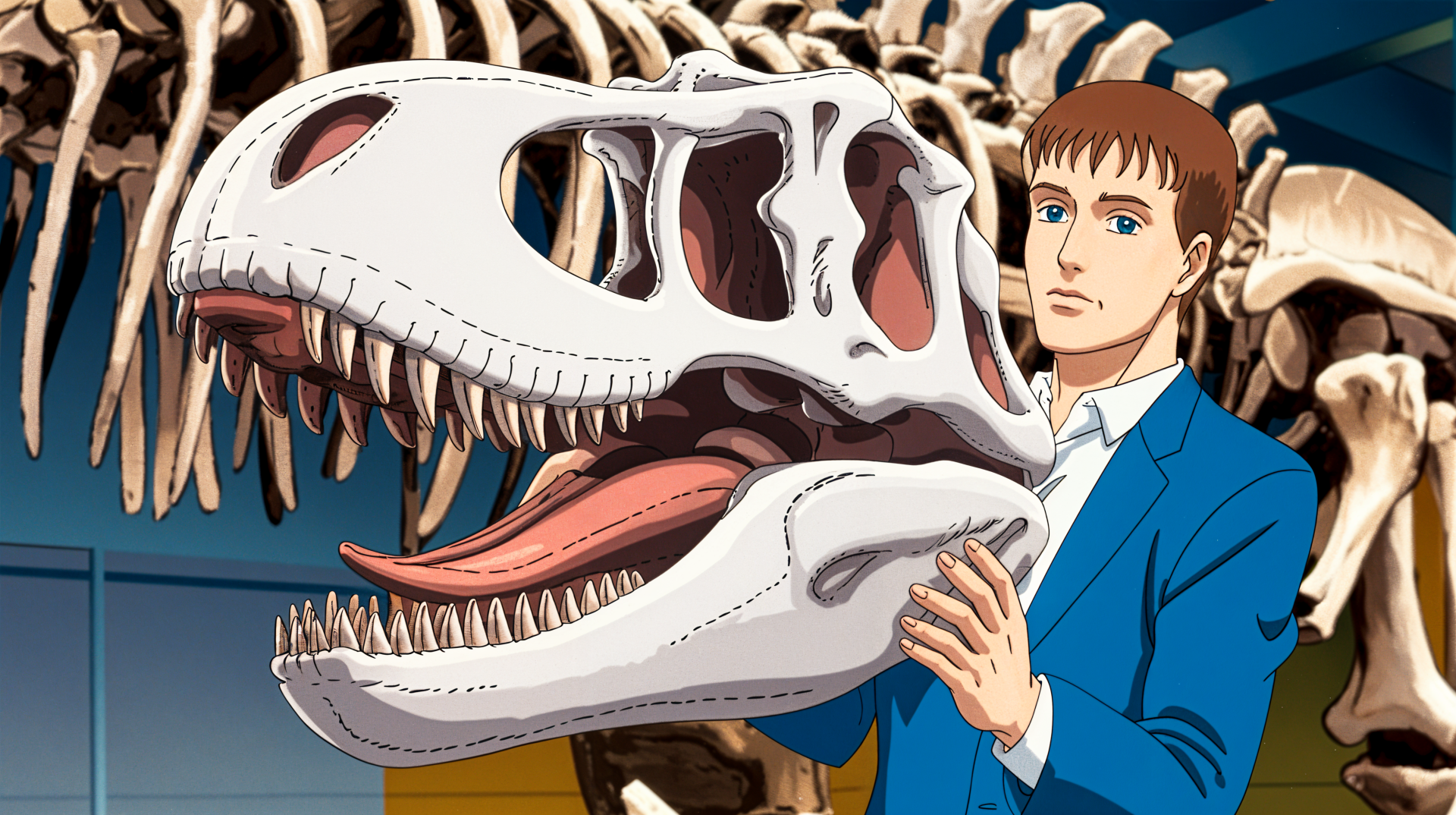 A detailed 4K Ultra HD image of a man in a blue suit holding a dinosaur skull, with a massive dinosaur skeleton in the background, showcasing the wonder of fossils.