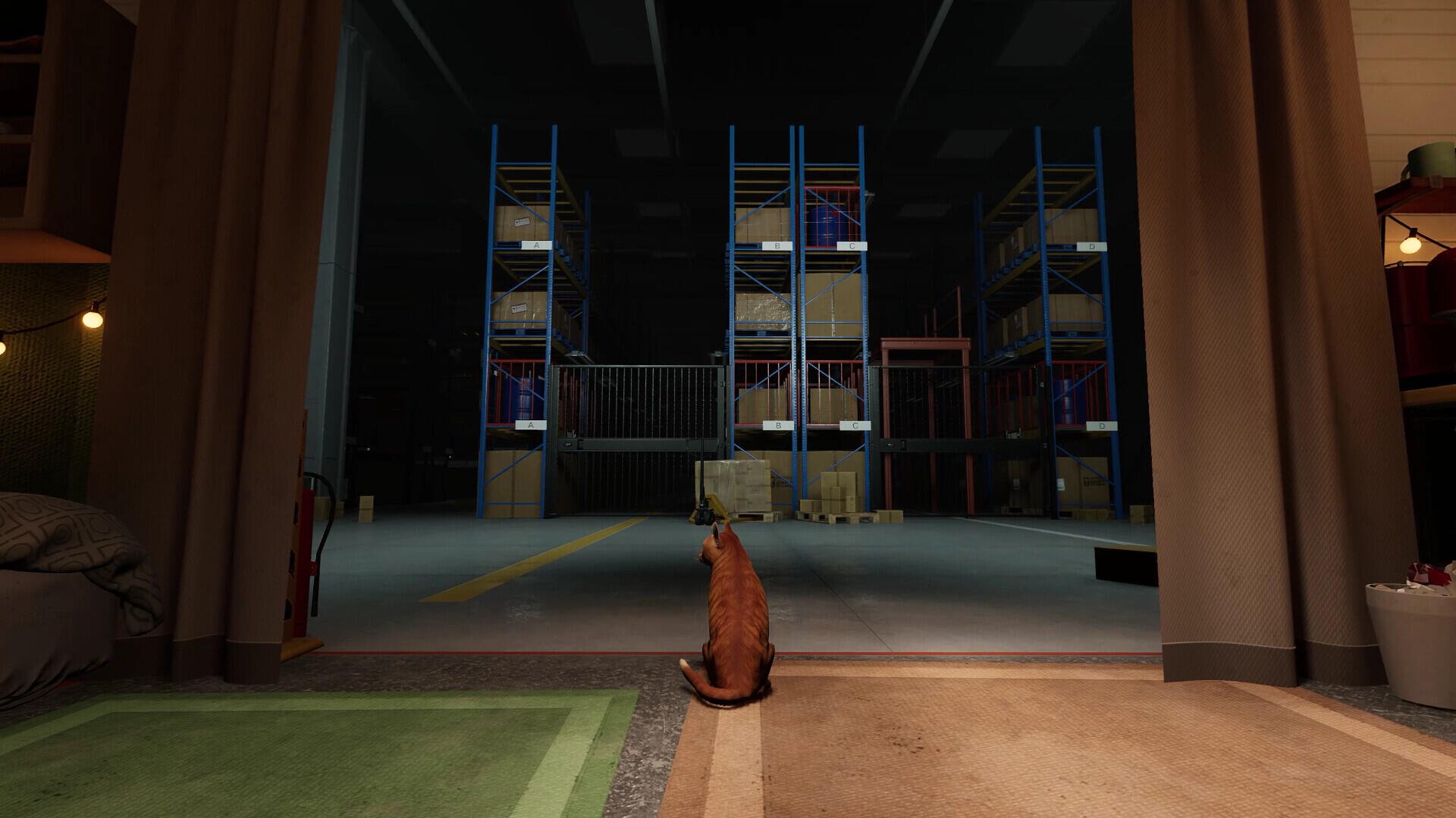A captivating HD wallpaper for PC featuring a cat in a dimly lit space, surrounded by towering storage shelves, inspired by the video game Order 13.