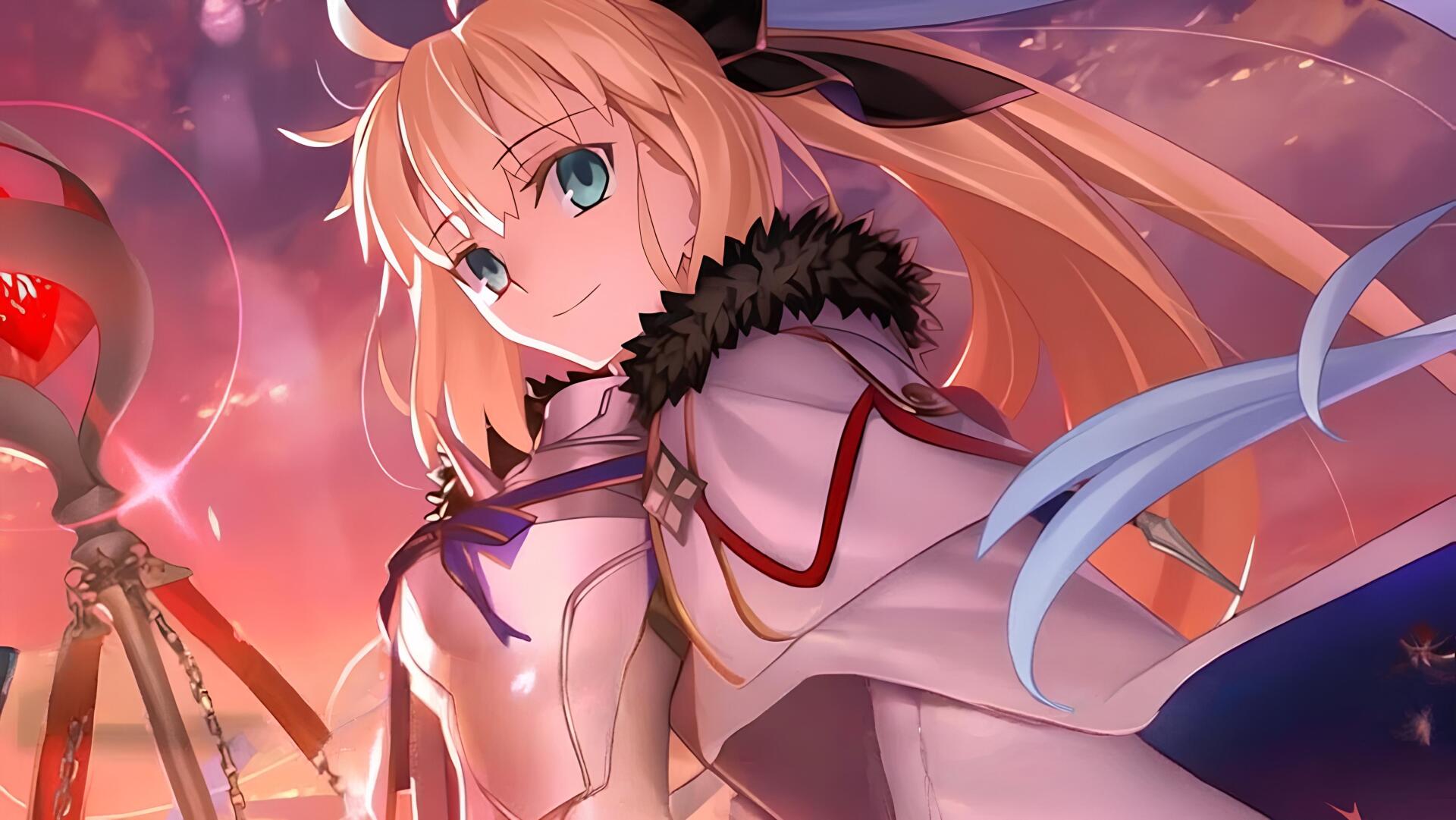 4K Ultra HD PC wallpaper of Morgan le Fay from Fate/Grand Order, featuring her with flowing blonde hair and vibrant eyes against a dynamic, colorful background.