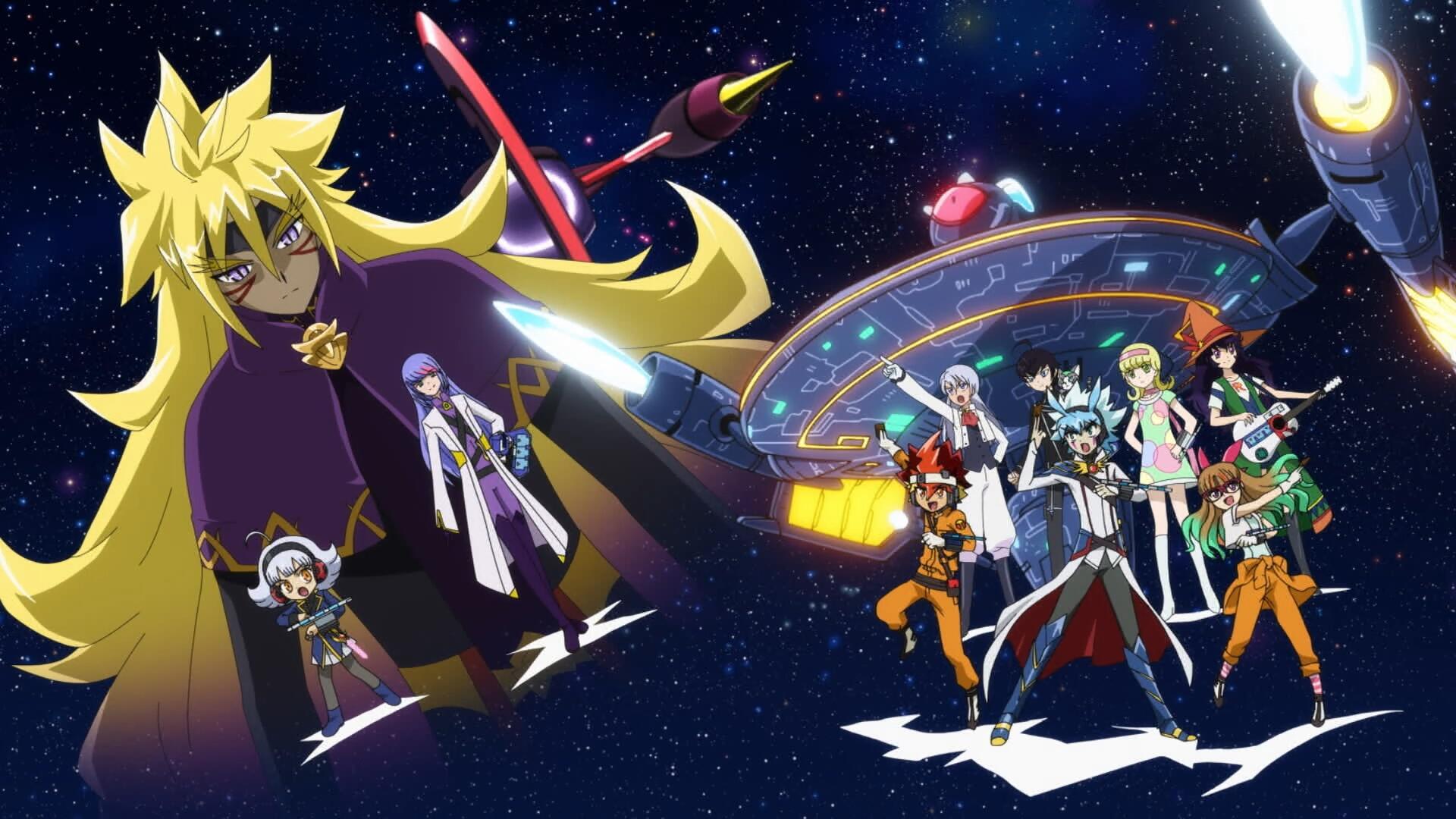 An HD wallpaper featuring characters from Yu-Gi-Oh!: Go Rush!! set against a cosmic backdrop, showcasing vibrant colors and dynamic poses.