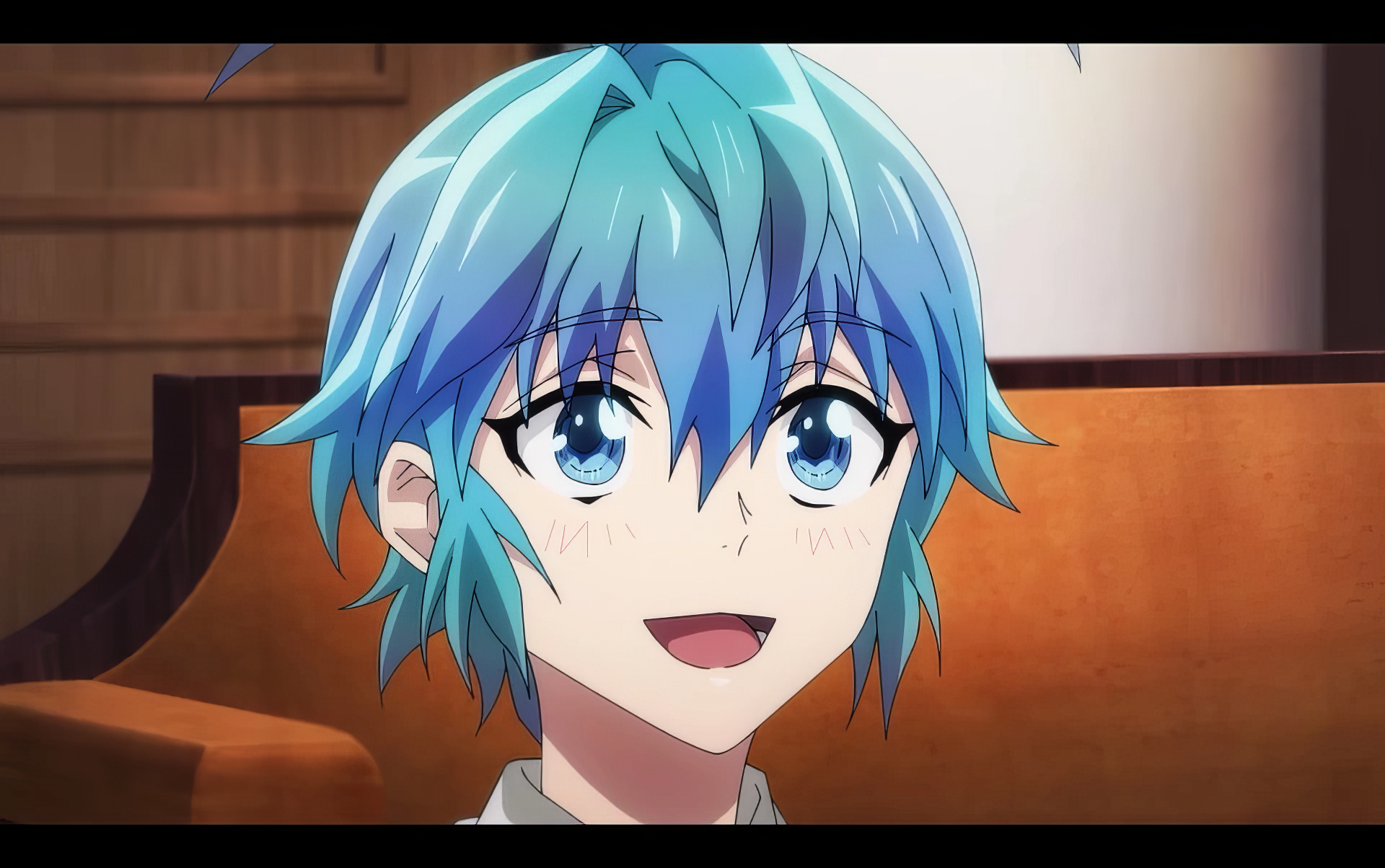 A vibrant HD wallpaper featuring a character from A Returner's Magic Should Be Special, showcasing their cheerful expression and striking blue hair.