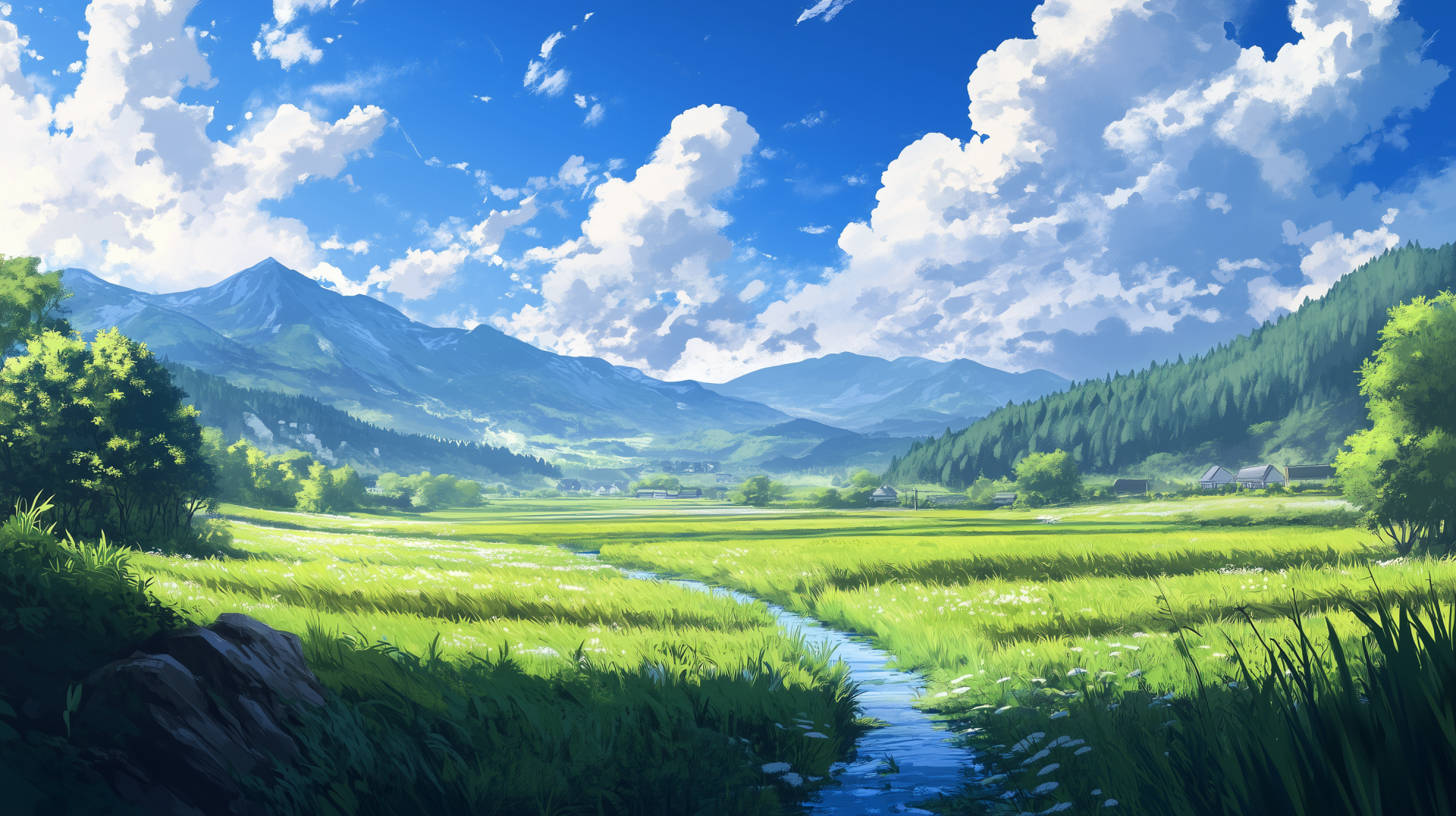 A serene anime landscape featuring lush green fields, a gentle stream, and majestic mountains under a bright blue sky with fluffy clouds. A vibrant HD wallpaper for summer.