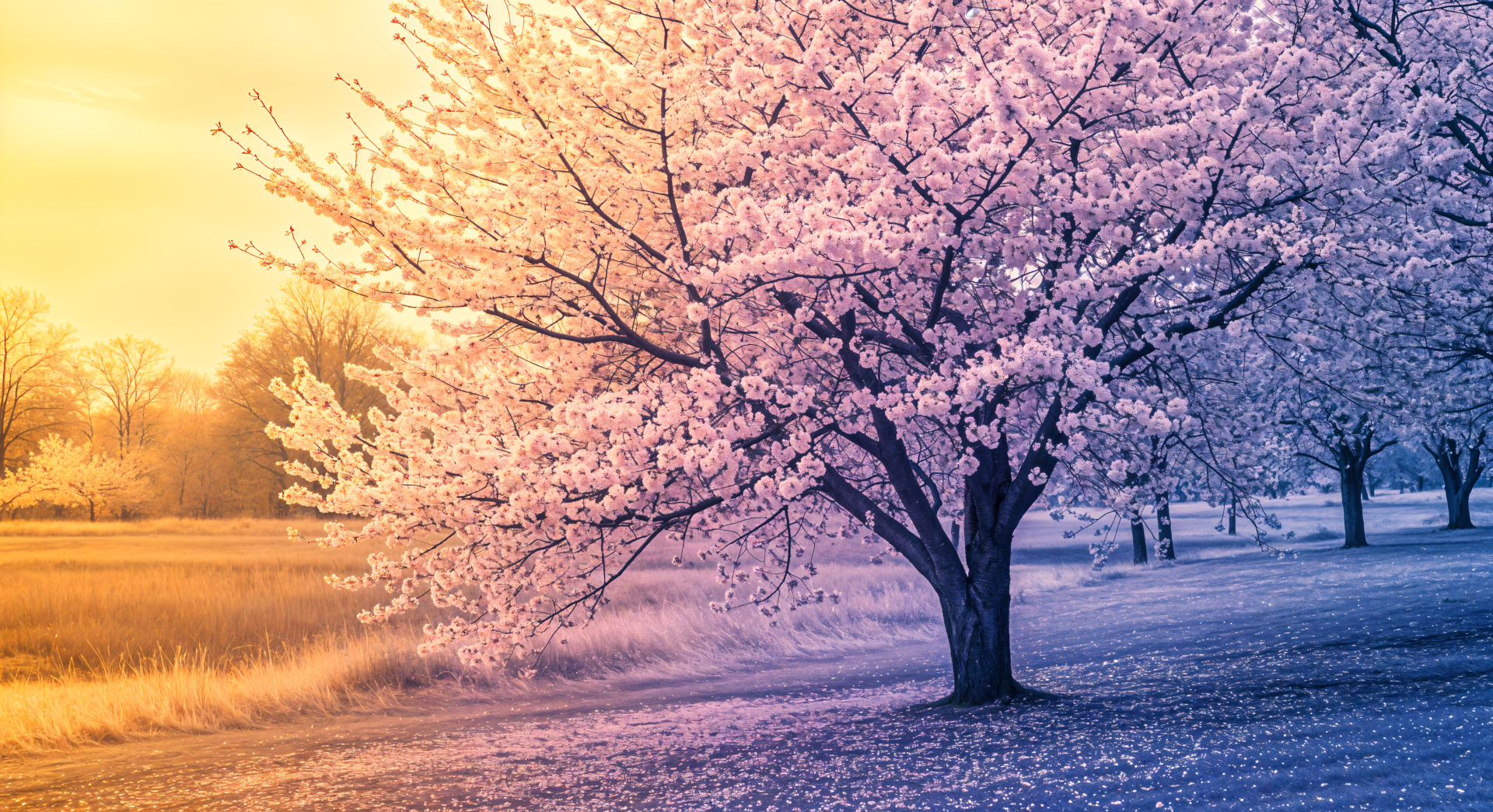 A serene cherry blossom tree stands gracefully against a golden sunset, creating a tranquil atmosphere in this vibrant 4K Ultra HD desktop wallpaper.