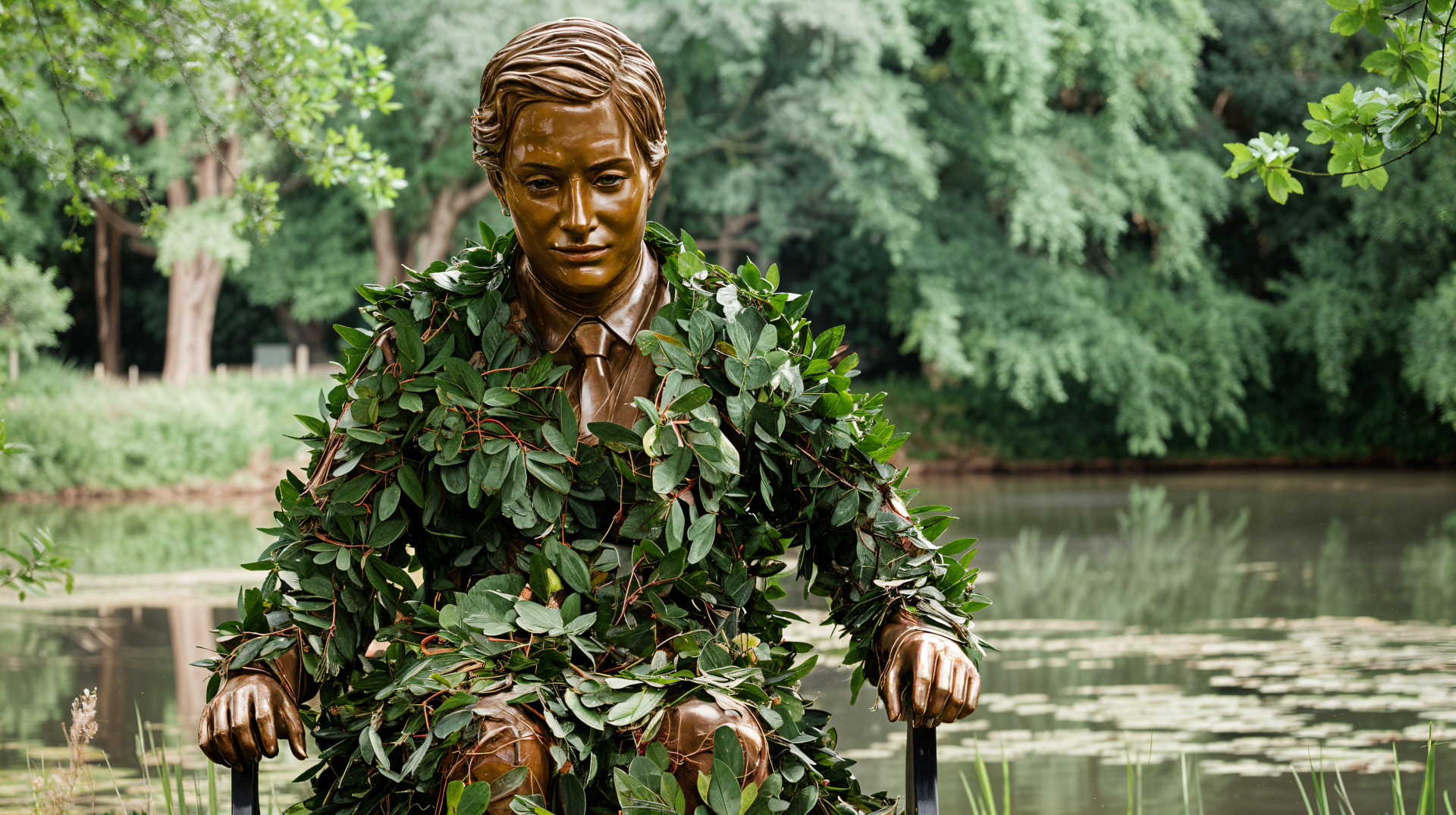 A bronze statue of a man draped in greenery sits beside a serene pond, surrounded by lush trees, creating a tranquil atmosphere in this 4K Ultra HD desktop wallpaper.