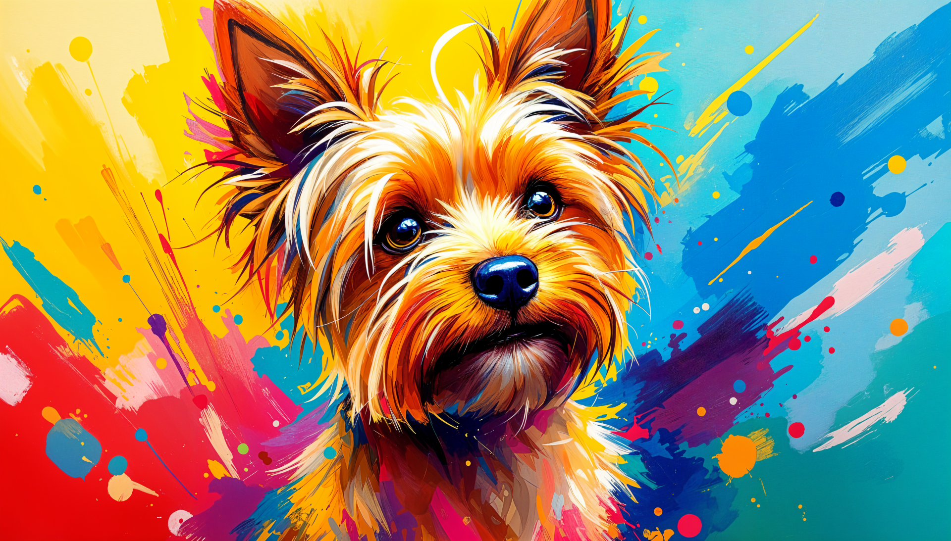 A vibrant, colorful illustration of a Yorkshire Terrier, showcasing its lively expression against a backdrop of bold splashes, designed as a 4K Ultra HD desktop wallpaper.