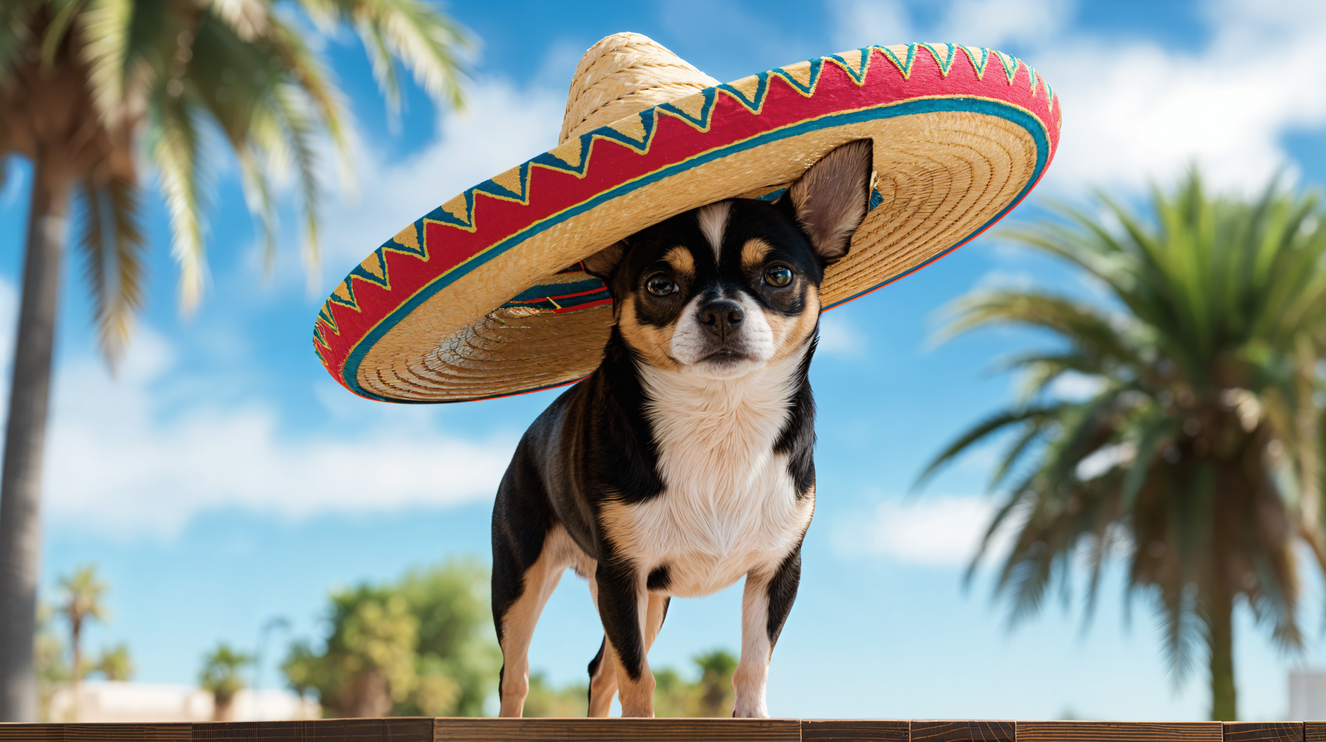 A Chihuahua wearing a colorful sombrero stands with a palm tree and clear blue sky in the background, captured in vibrant 4K Ultra HD for a desktop wallpaper.