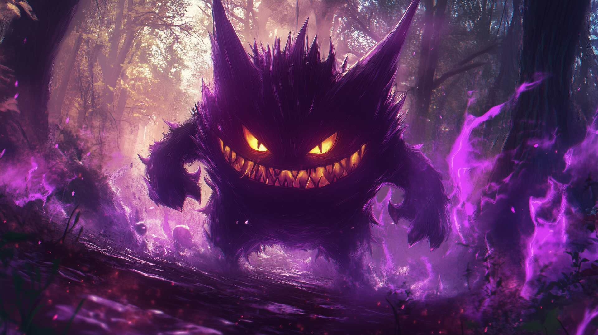 A captivating HD background featuring Gengar, the purple monster from Pokémon, emerging menacingly from a mystical forest, surrounded by swirling purple energy.