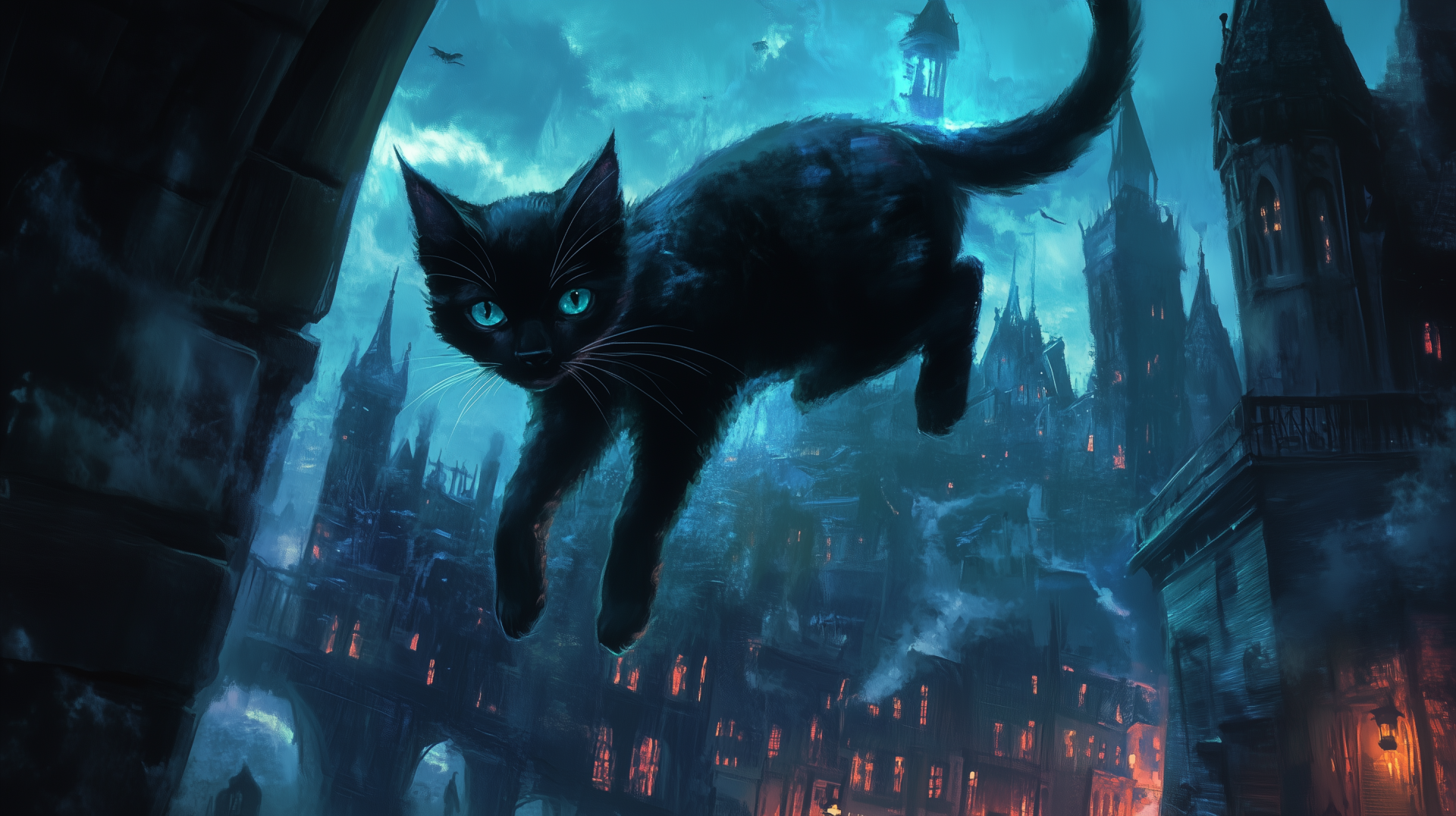 A mystical black cat hovers mid-air against a twilight cityscape, featuring gothic architecture and glowing windows, creating a captivating fantasy atmosphere.