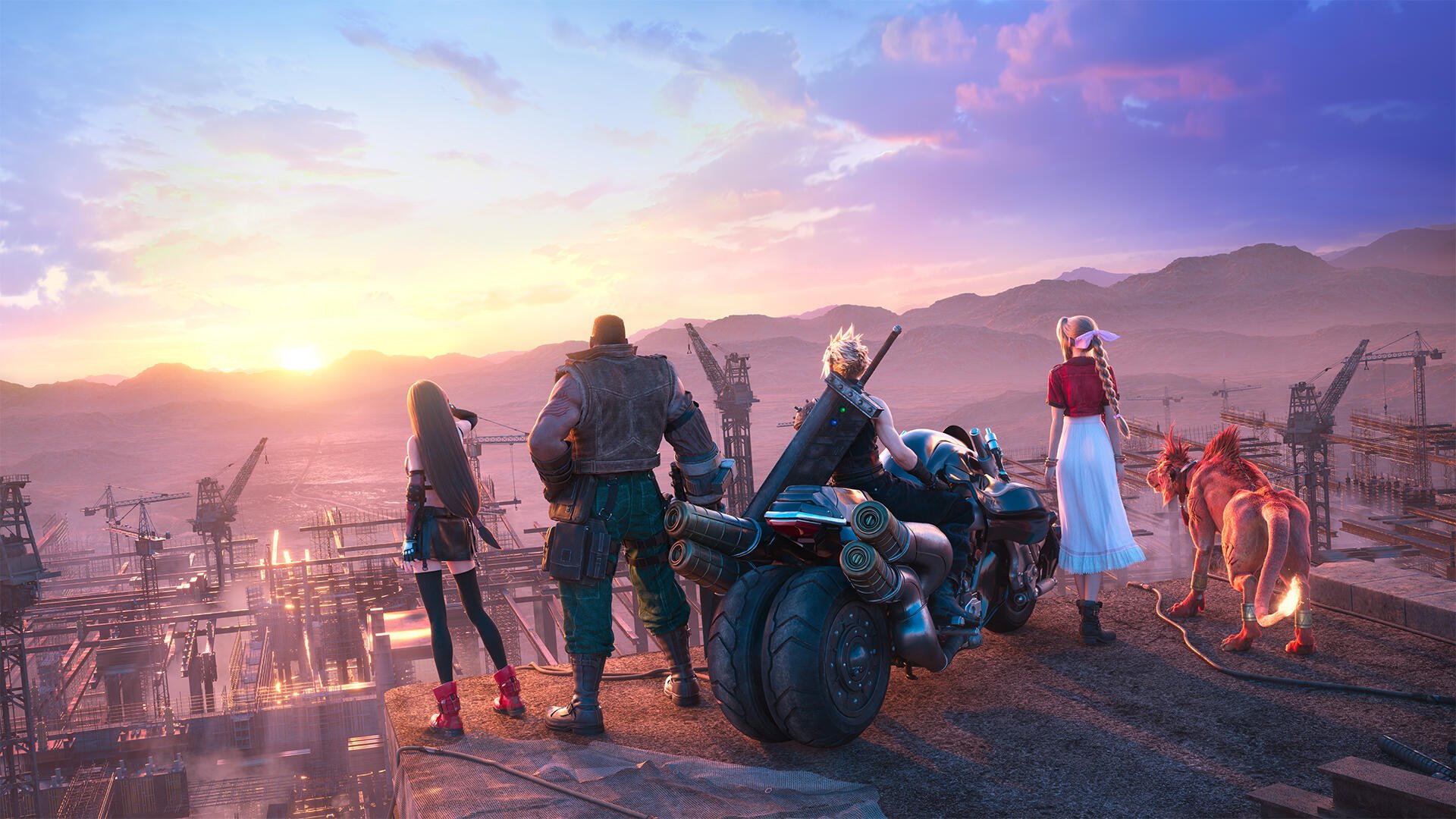 HD PC desktop wallpaper of Final Fantasy VII Rebirth/Remake: Cloud, Tifa, Barret, Aerith and Red XIII on a cliff with Cloud's motorcycle, overlooking a sunset-lit industrial city.