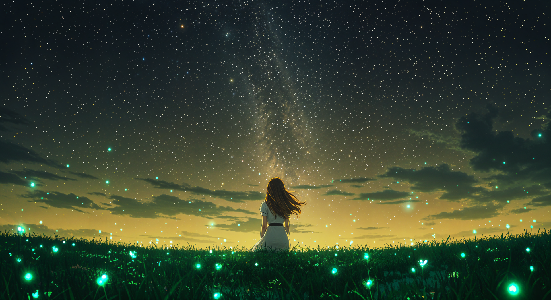 A serene scene of a woman gazing up at a starry sky filled with shimmering stars, surrounded by glowing green lights in a grassy field, capturing the beauty of star gazing in 4K Ultra HD.