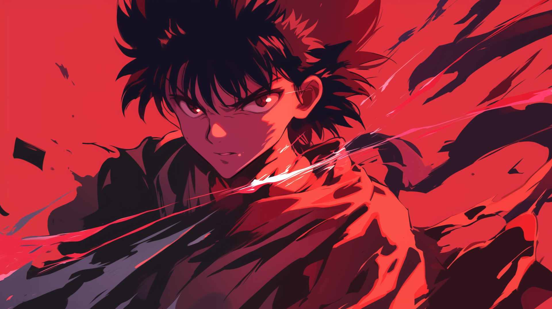 A dynamic HD desktop wallpaper featuring a character from the anime Yu Yu Hakusho, set against a striking red backdrop, showcasing intense energy and emotion.
