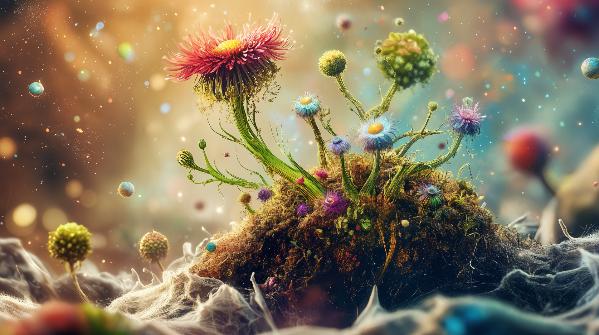 Vibrant flower and plant scene set against a dreamy background, showcasing colorful blossoms and lush greenery. A beautiful 4K Ultra HD desktop wallpaper and background.