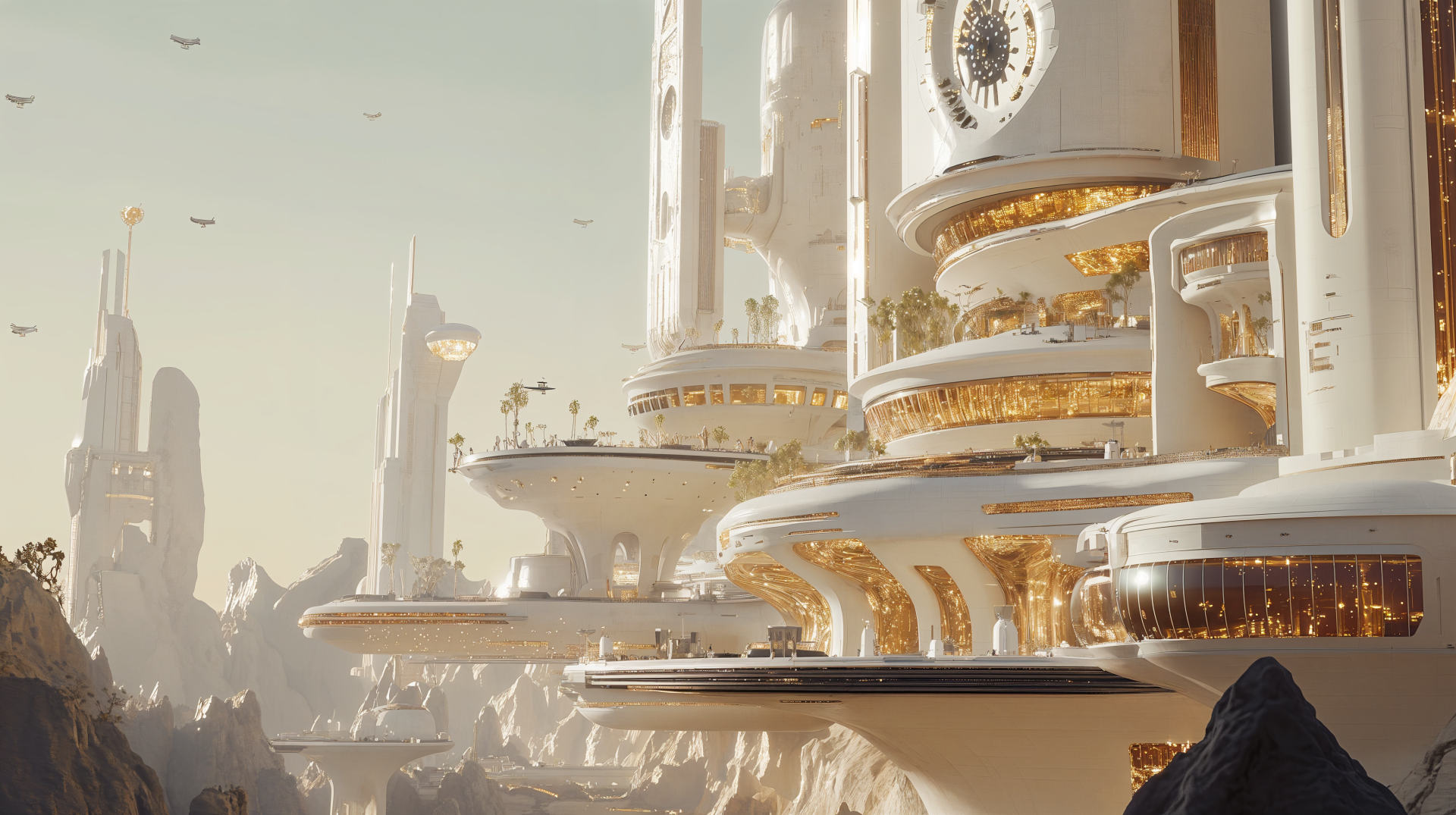 Futuristic cityscape featuring sleek, towering structures and floating platforms, set against a serene backdrop, showcased in stunning 4K Ultra HD resolution.