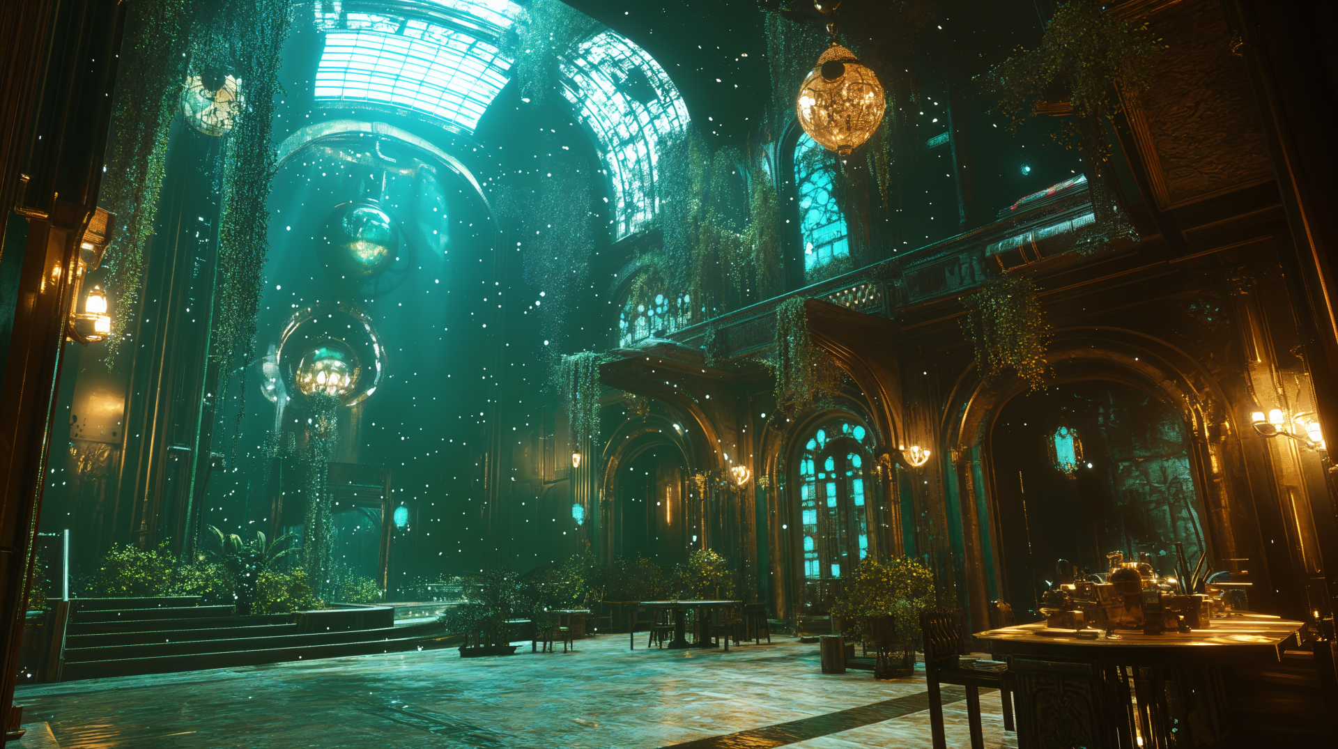 A stunning 4K Ultra HD fantasy interior with magical architecture, bathed in ethereal light filtering through grand windows, highlighting intricate details and floating particles.