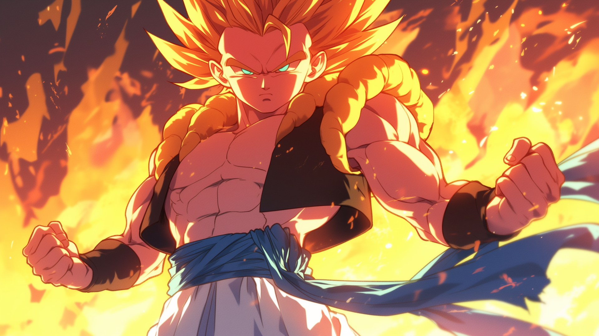 Gogeta from Dragon Ball Z in Super Saiyan 2 form, surrounded by flames. This vibrant HD wallpaper captures his powerful stance and fierce intensity.