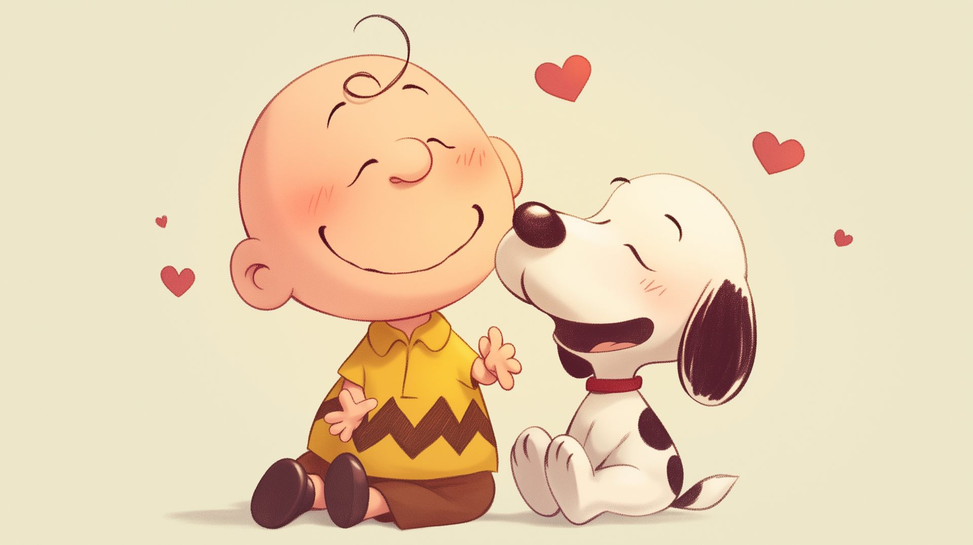Snoopy shares a joyful moment with Charlie Brown, both smiling amidst heart motifs, capturing the kawaii essence from The Snoopy Show. A delightful HD wallpaper for fans.