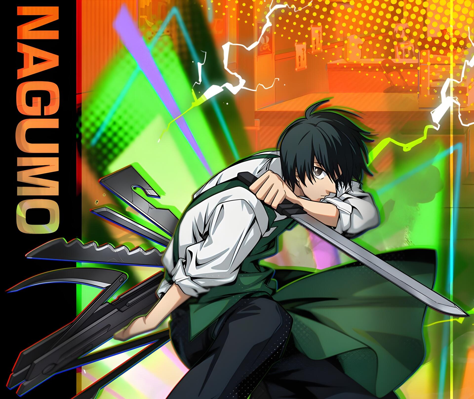 Anime 2K Quad HD PC desktop wallpaper of Yoichi Nagumo (Sakamoto Days): black‑haired swordsman poised with crossed blades against a neon‑green, electrified city background.