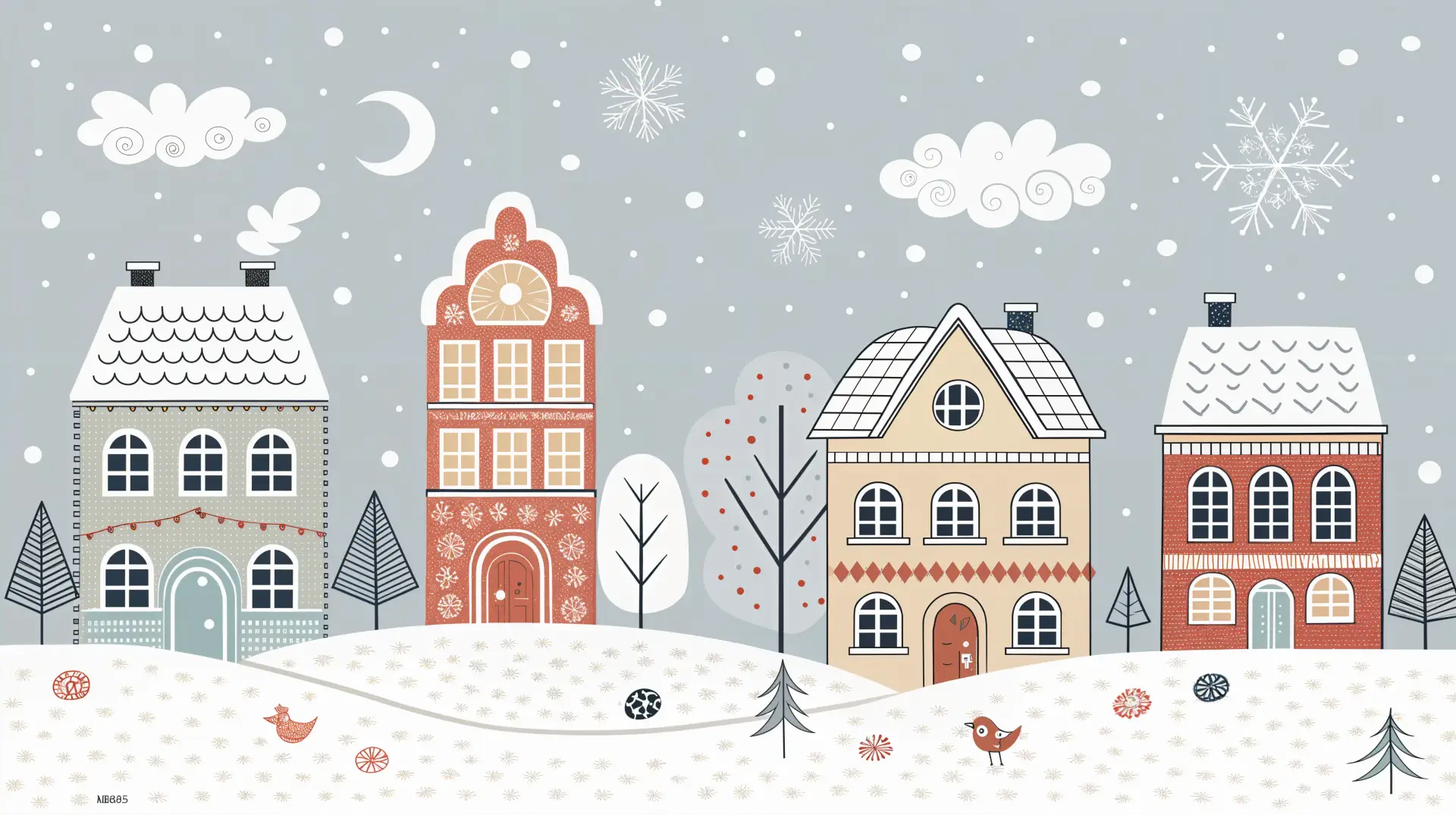 A whimsical snowy cityscape featuring colorful houses, trees, and gentle snowfall, captured in vibrant 4K Ultra HD, serves as a charming desktop wallpaper and background.