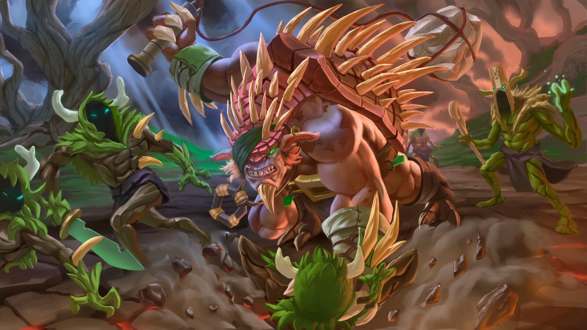 A dynamic HD wallpaper from the video game DotA, featuring a fierce, spiked creature battling against smaller foes in a vibrant, action-packed scene.