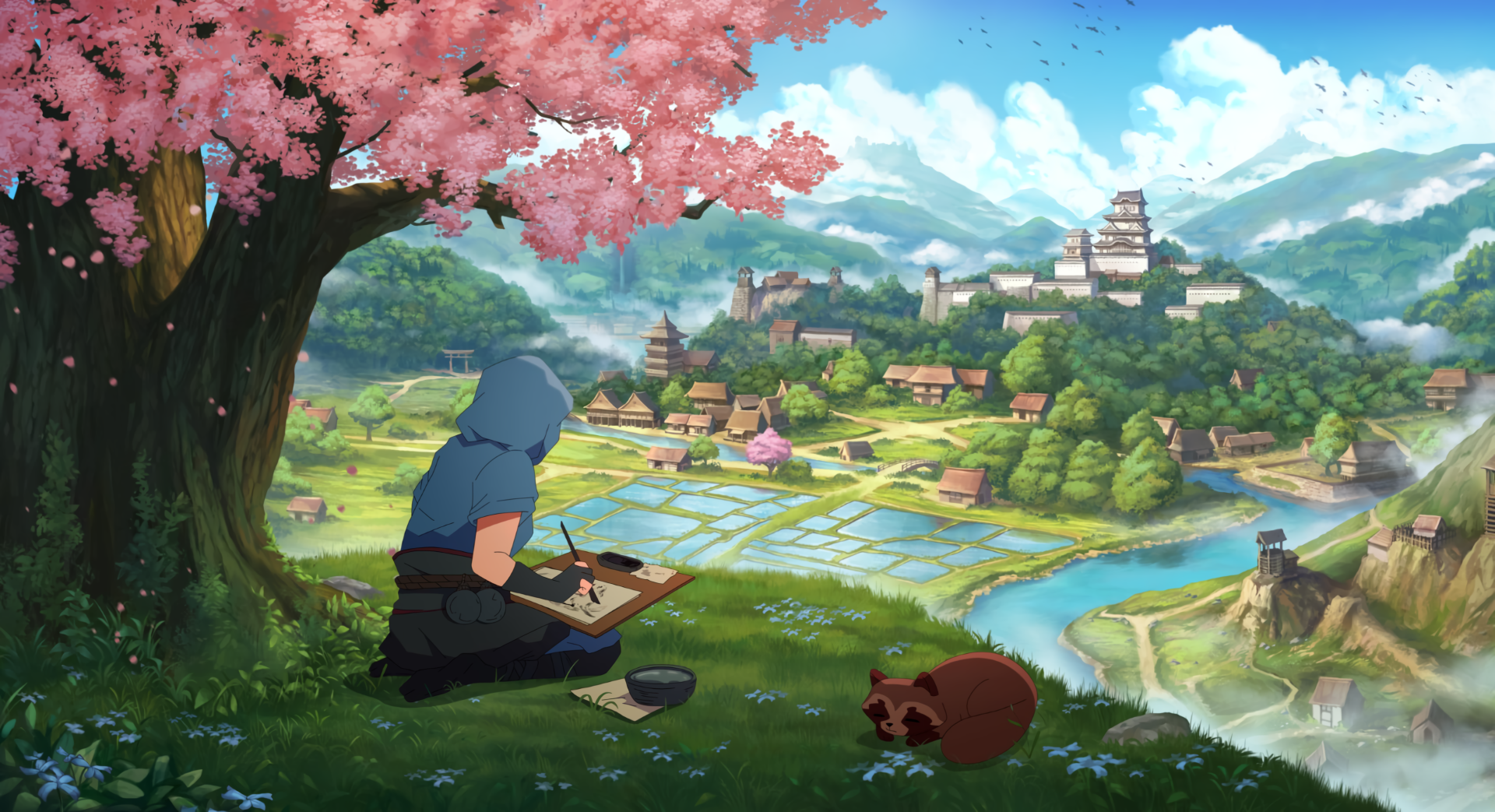 A serene landscape from Assassin's Creed Shadows, featuring a character painting under a cherry blossom tree, with a tranquil village and mountains in the background, embodying a relaxing lo-fi vibe.