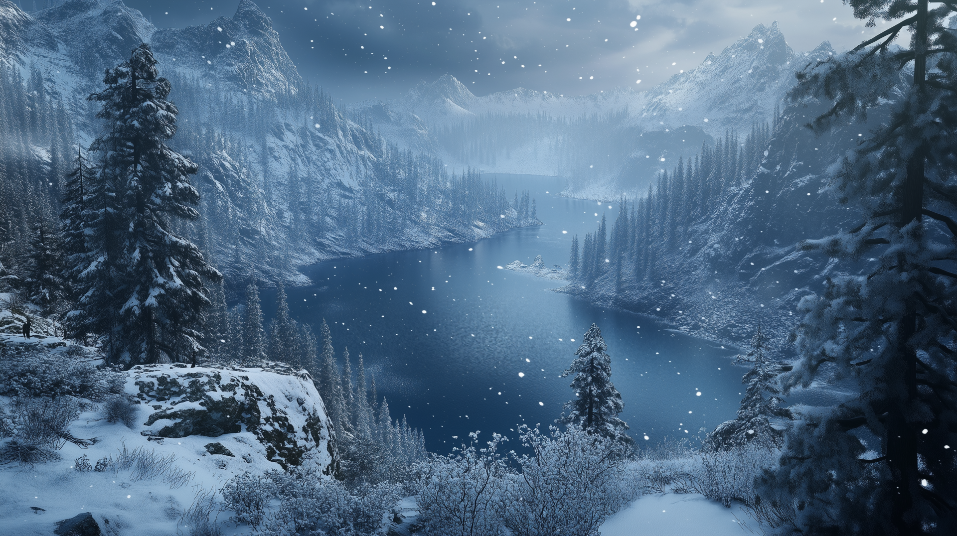 A serene winter landscape featuring a tranquil lake surrounded by snow-covered mountains and trees, with gentle snowfall creating a picturesque scene.
