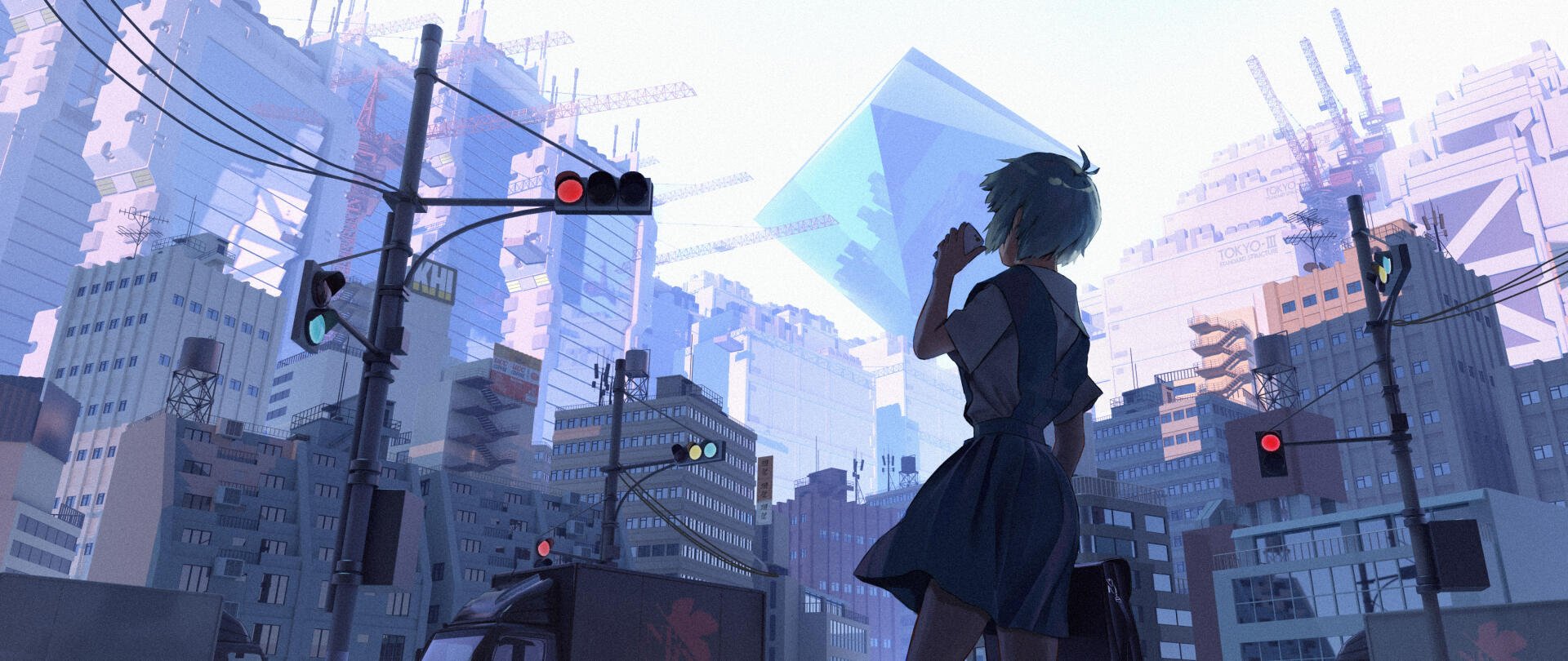 A HD desktop wallpaper featuring Rei Ayanami from Neon Genesis Evangelion, standing in a futuristic cityscape, gazing at a large blue structure amidst urban surroundings.