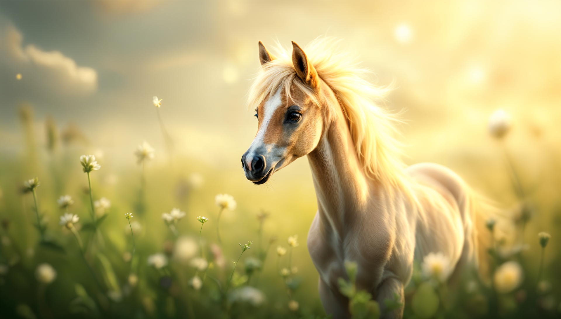 A foal standing in a sunlit meadow during golden hour, captured in stunning 4K Ultra HD quality for a serene nature desktop wallpaper.