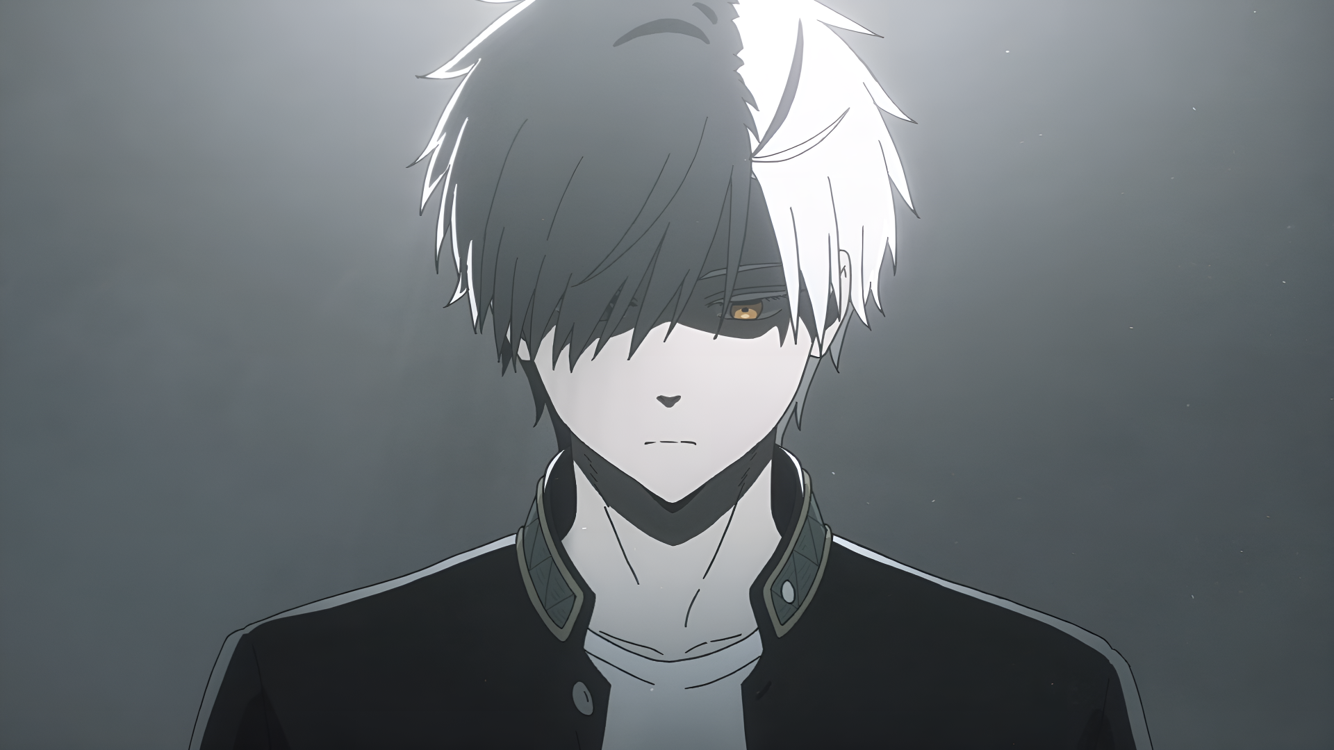 Anime 4K Ultra HD PC desktop wallpaper of Wind Breaker character Haruka Sakura: moody half-black, half-white–haired youth in a dark jacket against a soft gray background.