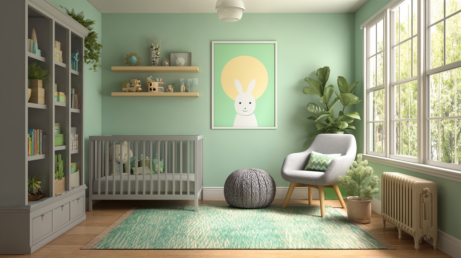 A serene kids' room featuring mint green walls, a crib, cozy seating, potted plants, and playful artwork, designed as a 4K Ultra HD desktop wallpaper.