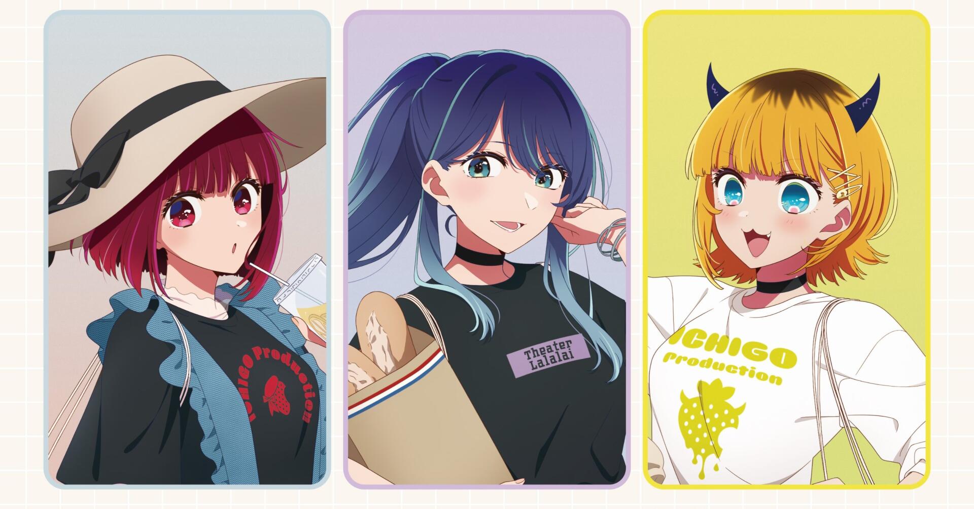 HD PC desktop wallpaper of three anime portraits from Oshi no Ko: Akane Kurokawa in a sunhat, Mem-Cho (Oshi no Ko) with dark hair holding a folder, and cheerful Kana Arima with tiny horns.