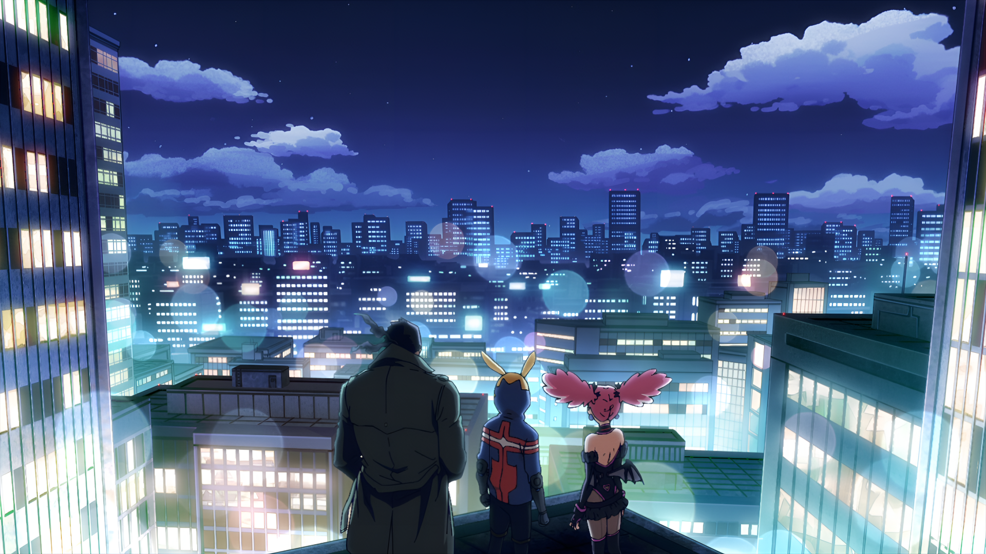 A 4K Ultra HD desktop wallpaper featuring three characters from My Hero Academia: Vigilantes overlooking a brightly lit cityscape at night in anime style.