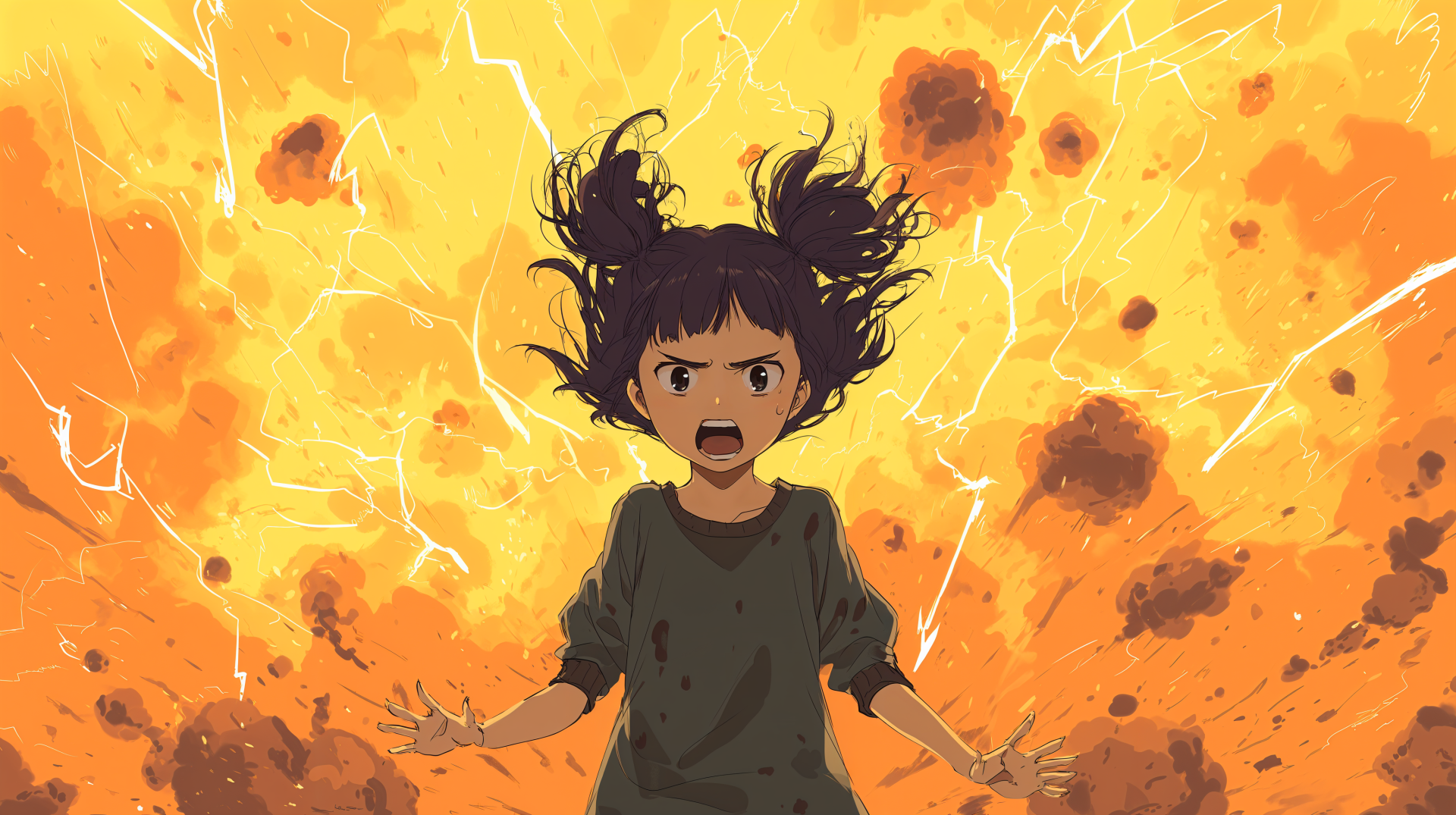 An anime girl with an angry expression stands amidst an explosive background, showcasing vibrant colors and intense energy. This image is a captivating 4K Ultra HD desktop wallpaper.