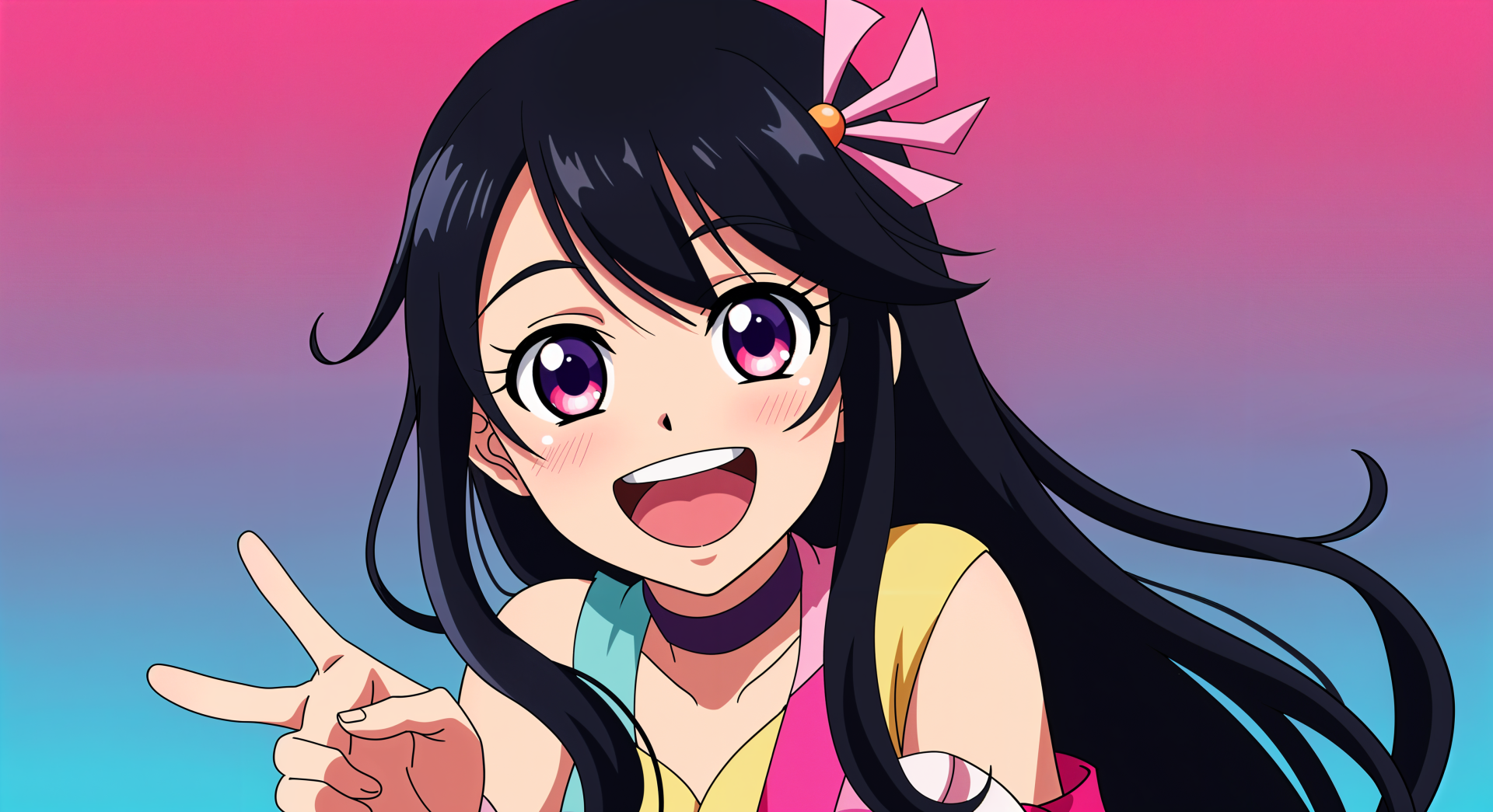 A cheerful anime character with long black hair and bright purple eyes smiles playfully, surrounded by a vibrant gradient background, making it a striking 4K Ultra HD desktop wallpaper.