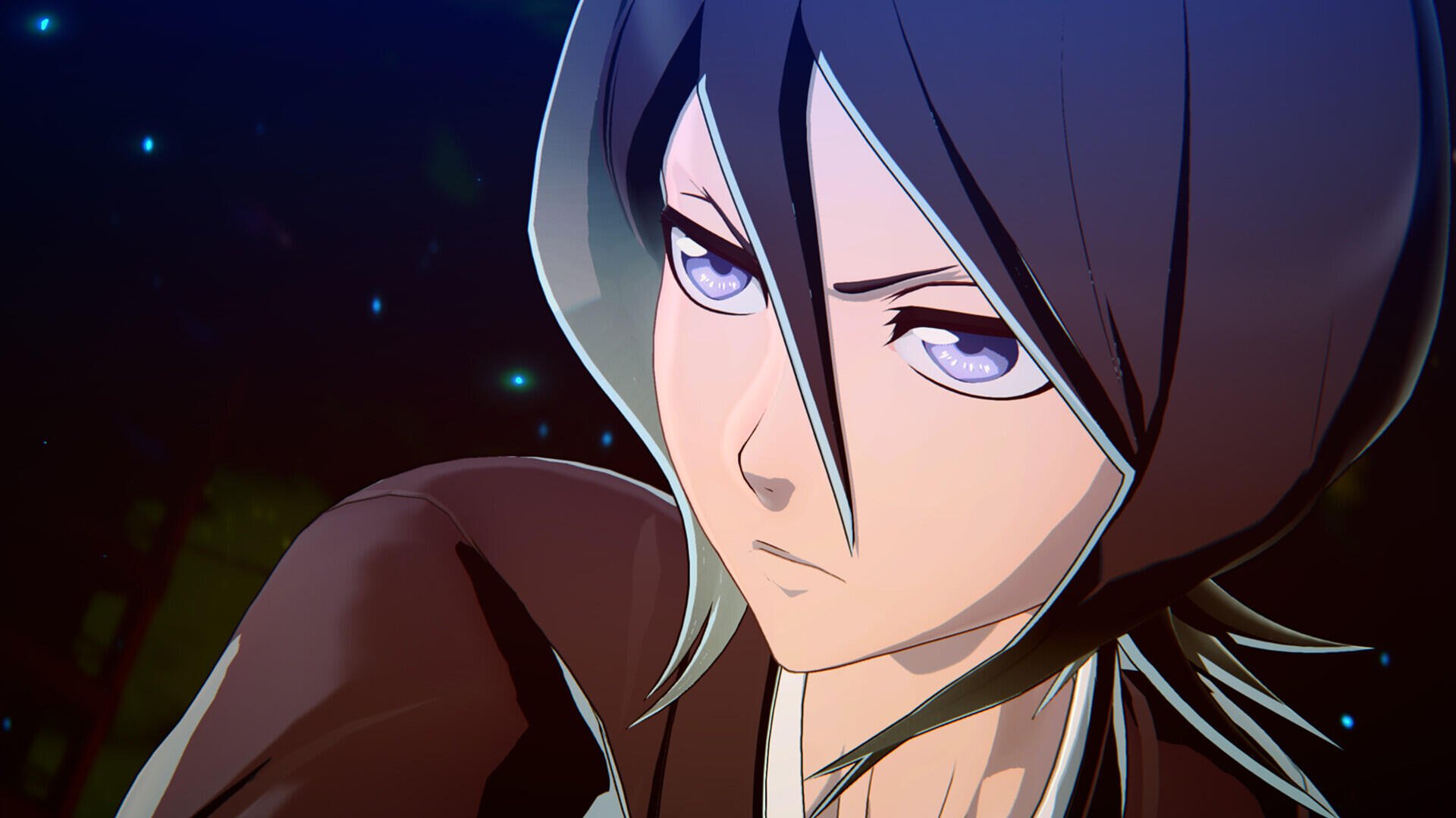 HD wallpaper featuring Rukia Kuchiki from the video game Bleach: Rebirth of Souls, showcasing her intense expression and striking features in a vibrant, dynamic setting.