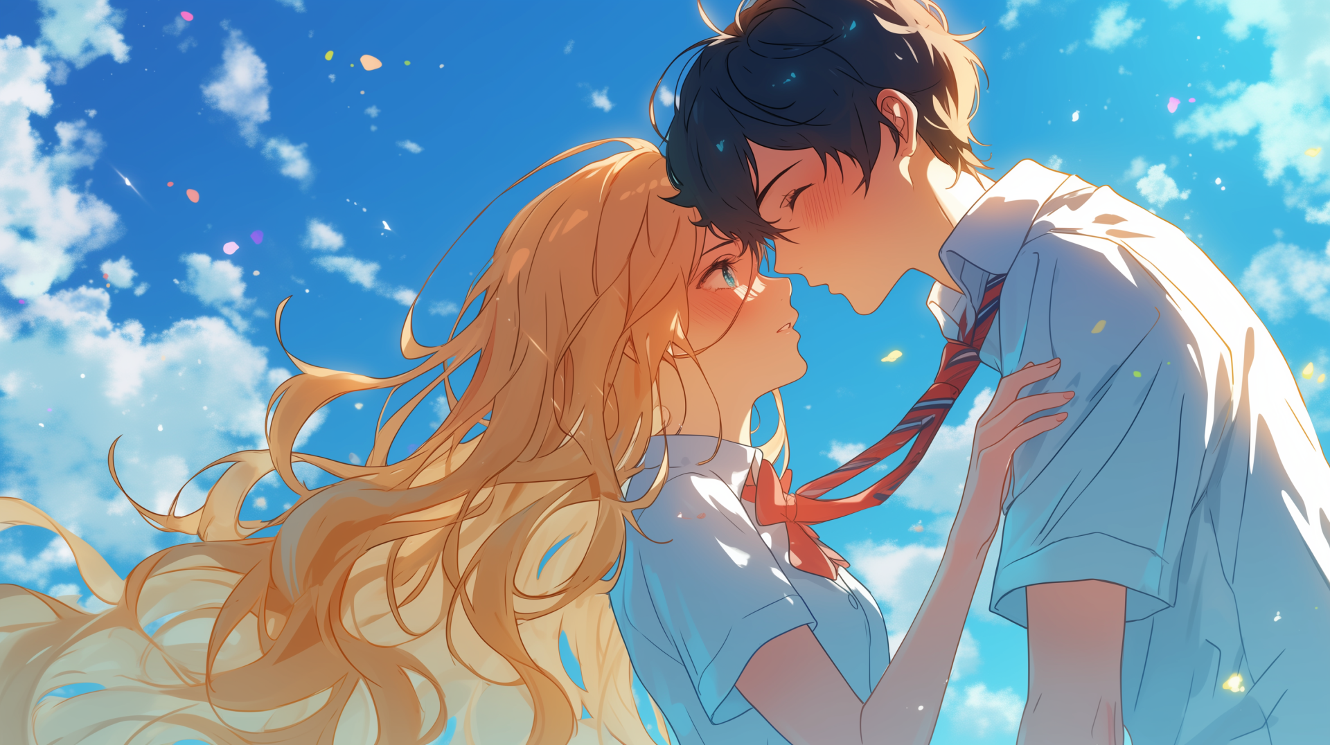 An anime couple, Kaori Miyazono and Kousei Arima from Your Lie in April, share an intimate moment against a bright blue sky, capturing the essence of youth and emotion.