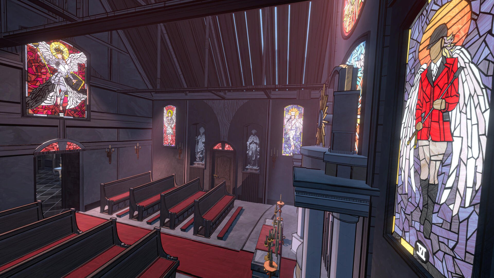 A captivating 4K Ultra HD wallpaper featuring an intricate video game scene from Blue Prince, depicting a stylized interior of a church with stained glass and elegant architecture.