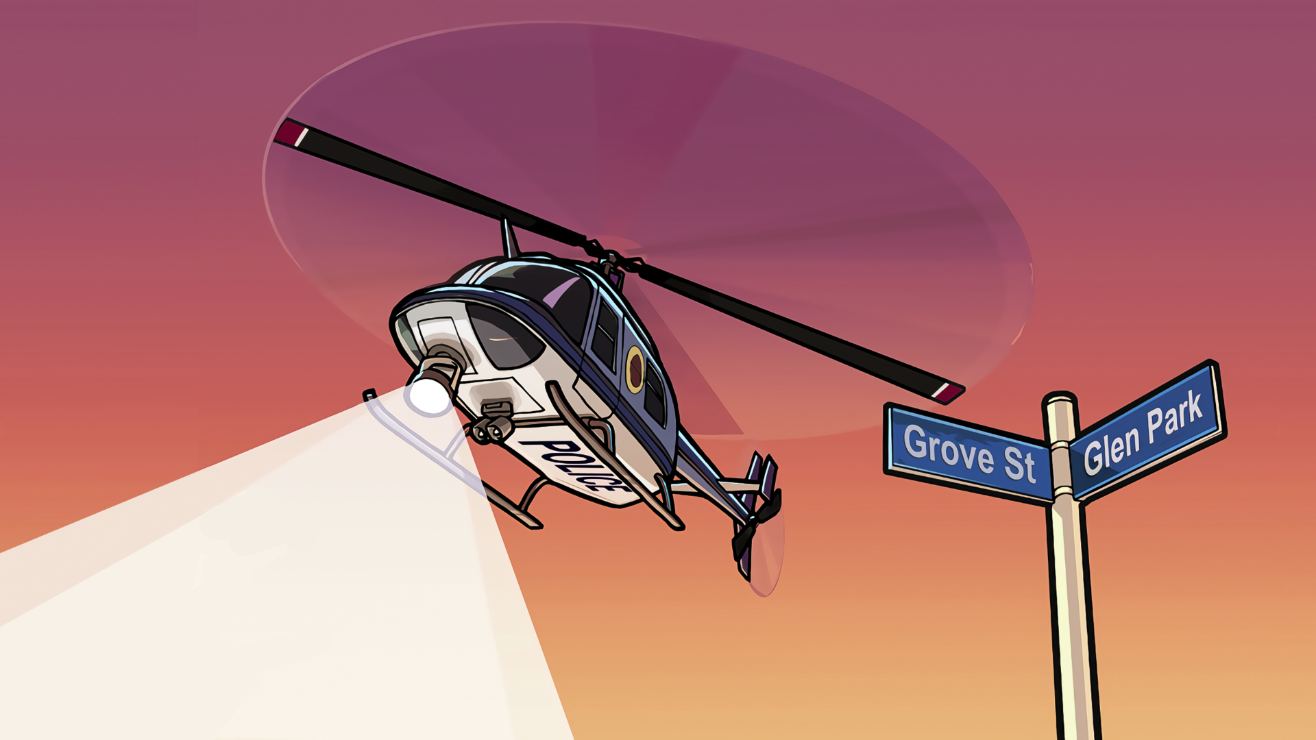 A helicopter hovers over street signs for Grove St and Glen Park, set against a vibrant sunset, capturing the essence of Grand Theft Auto: San Andreas in 4K Ultra HD.