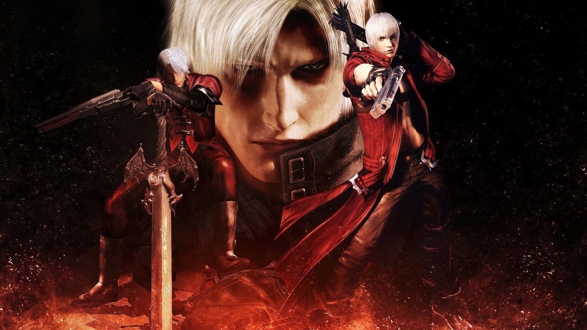 Devil May Cry's Dante in a red coat, large central portrait with smaller action poses wielding sword and pistols over a fiery 4K Ultra HD PC desktop wallpaper background.