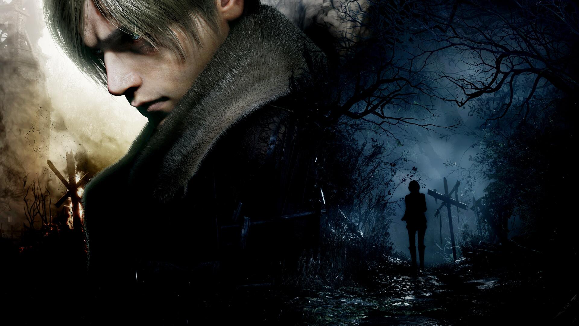 Resident Evil 4 (2023) 4K Ultra HD PC wallpaper featuring a close-up of Leon in dark tones with a shadowy figure in a gloomy forest background.