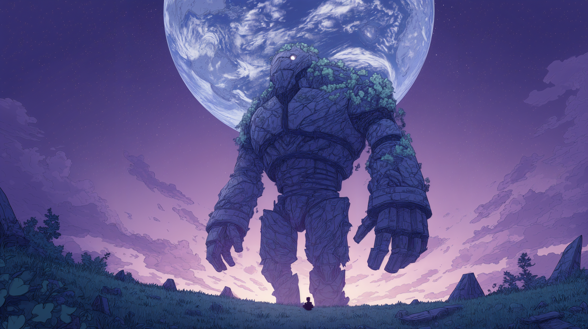 A giant stone figure towers over a lone figure beneath a large moon, set against a vibrant twilight sky. This stunning fantasy scene makes for an impressive 4K Ultra HD desktop wallpaper.