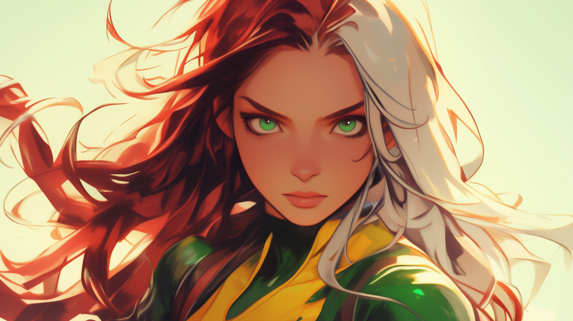 A vibrant HD wallpaper featuring Rogue from X-Men, depicted as an anime girl with striking green eyes and flowing hair, capturing her dynamic and fierce presence.