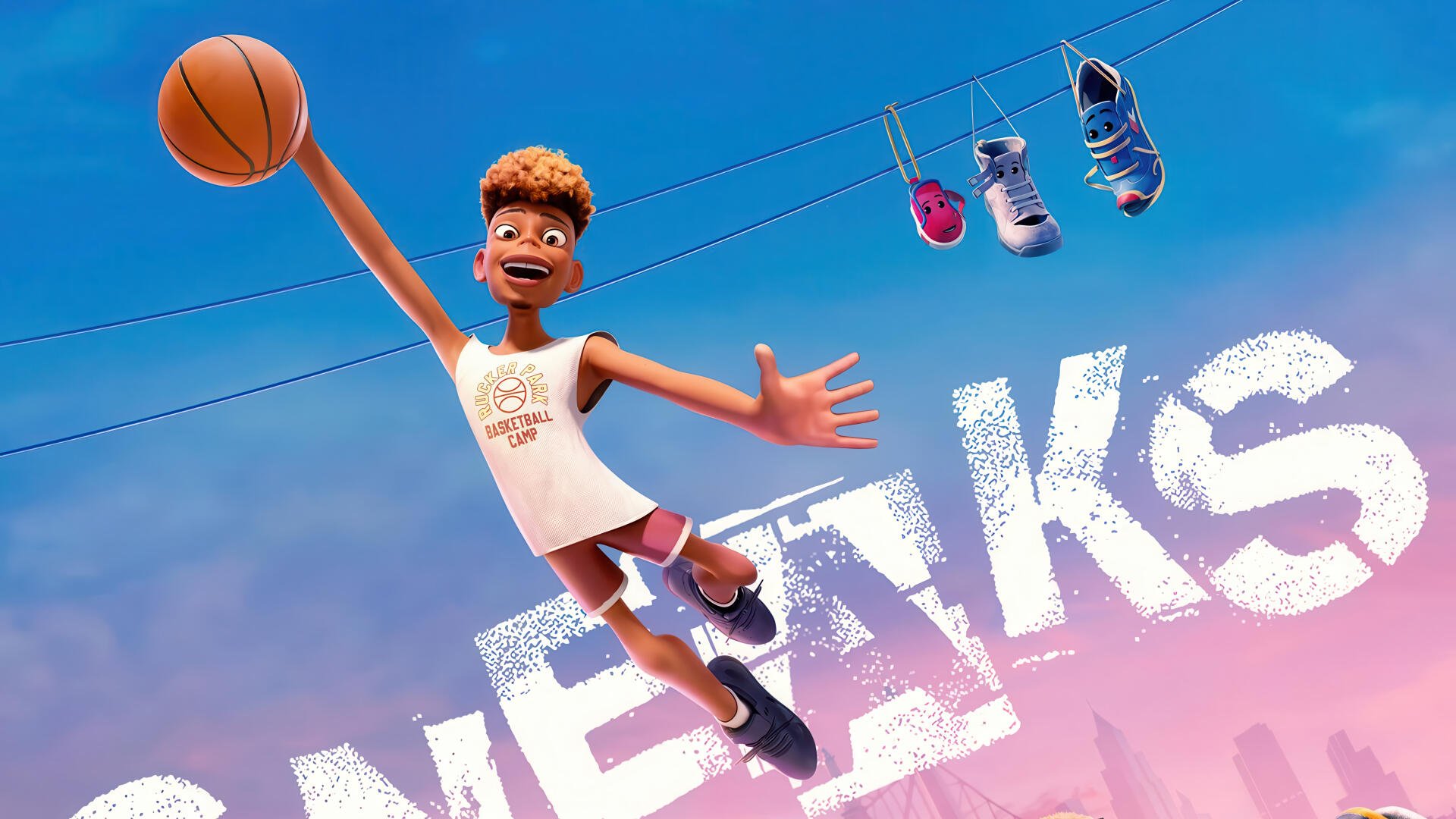 A vibrant 4K Ultra HD wallpaper featuring a basketball player in the animated movie Sneaks (2025), joyfully leaping with shoes hanging above him against a colorful backdrop.