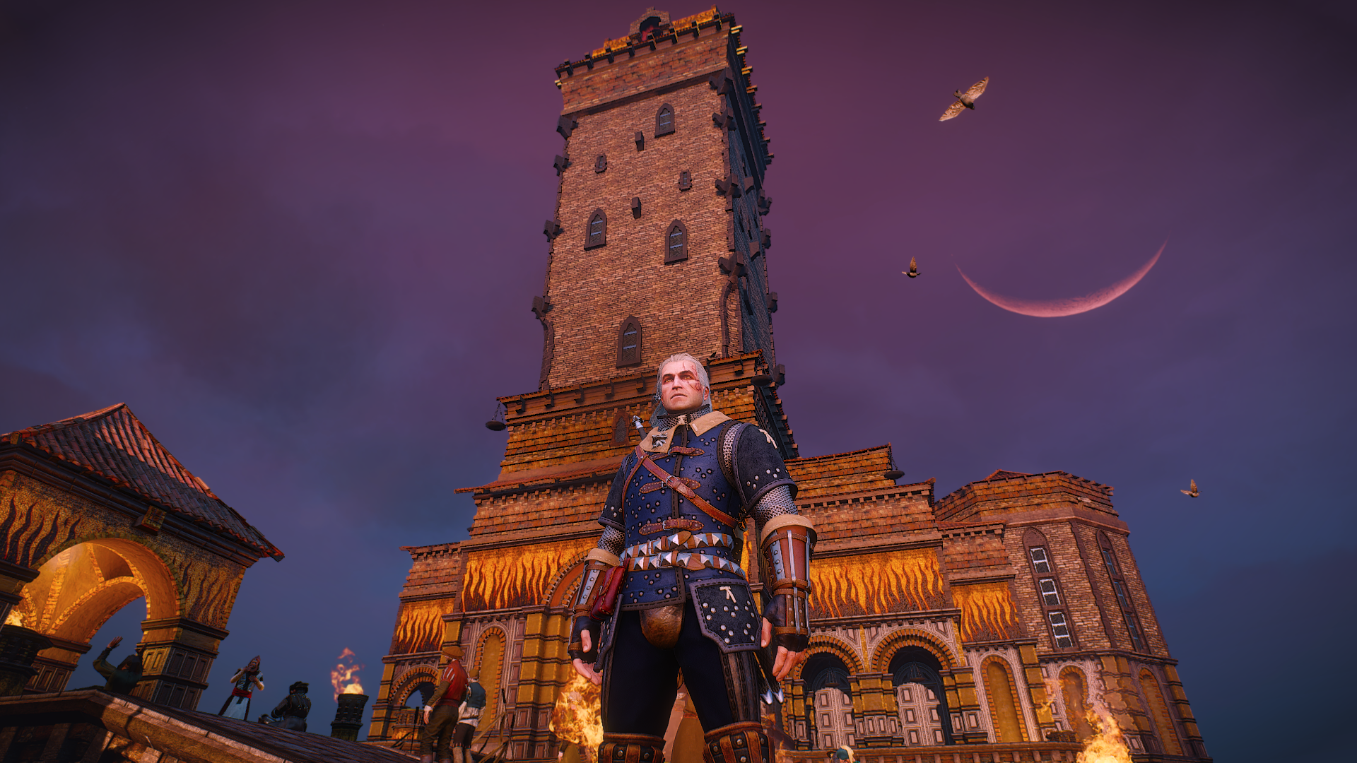 A stunning HD wallpaper from The Witcher 3: Wild Hunt - Blood and Wine, featuring Geralt in front of an ornate tower against a vibrant purple sky.