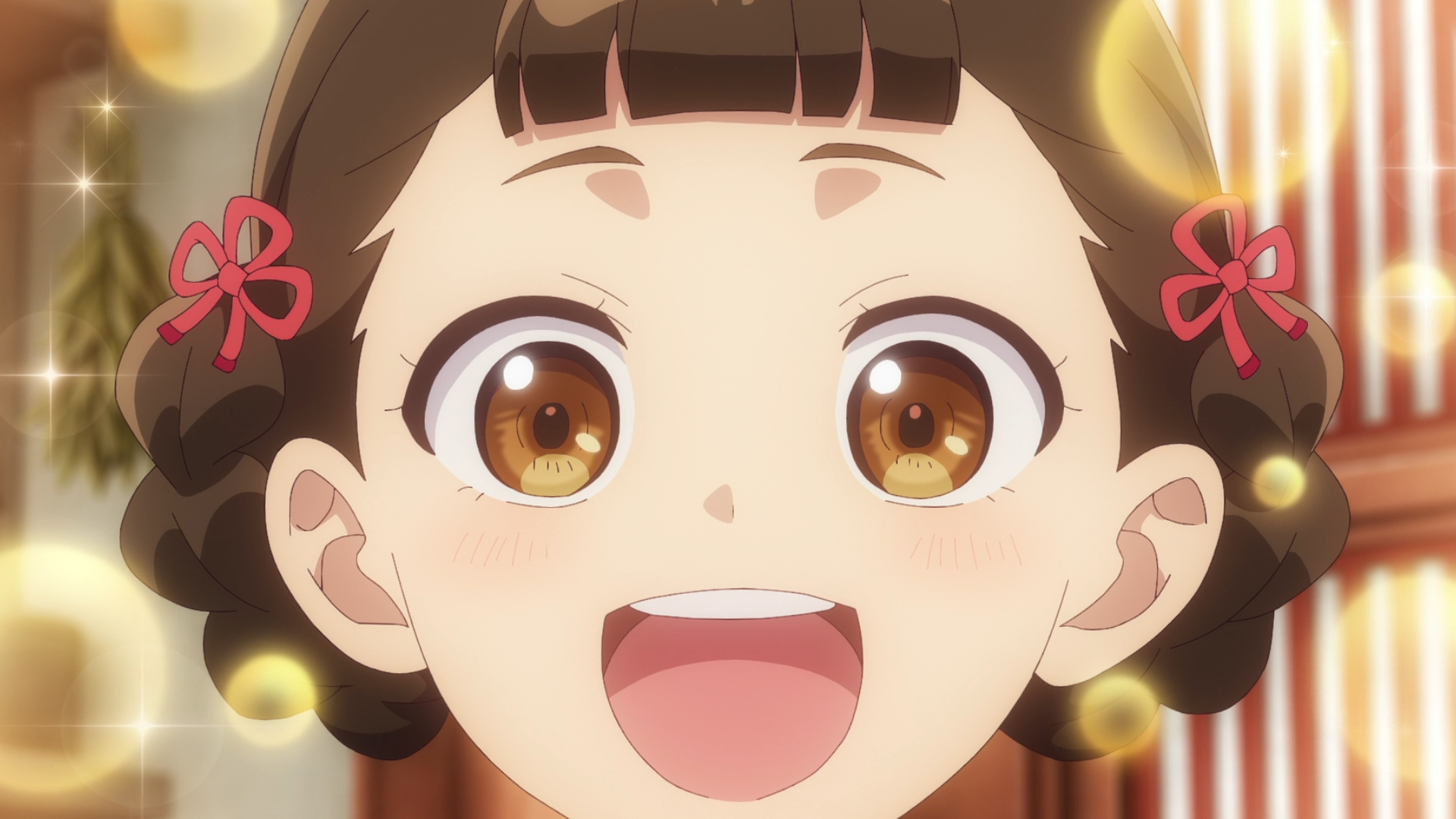 Anime-style close-up of Xiaolan from The Apothecary Diaries, smiling brightly with sparkling brown eyes and red ribbon accents in her braided hair.