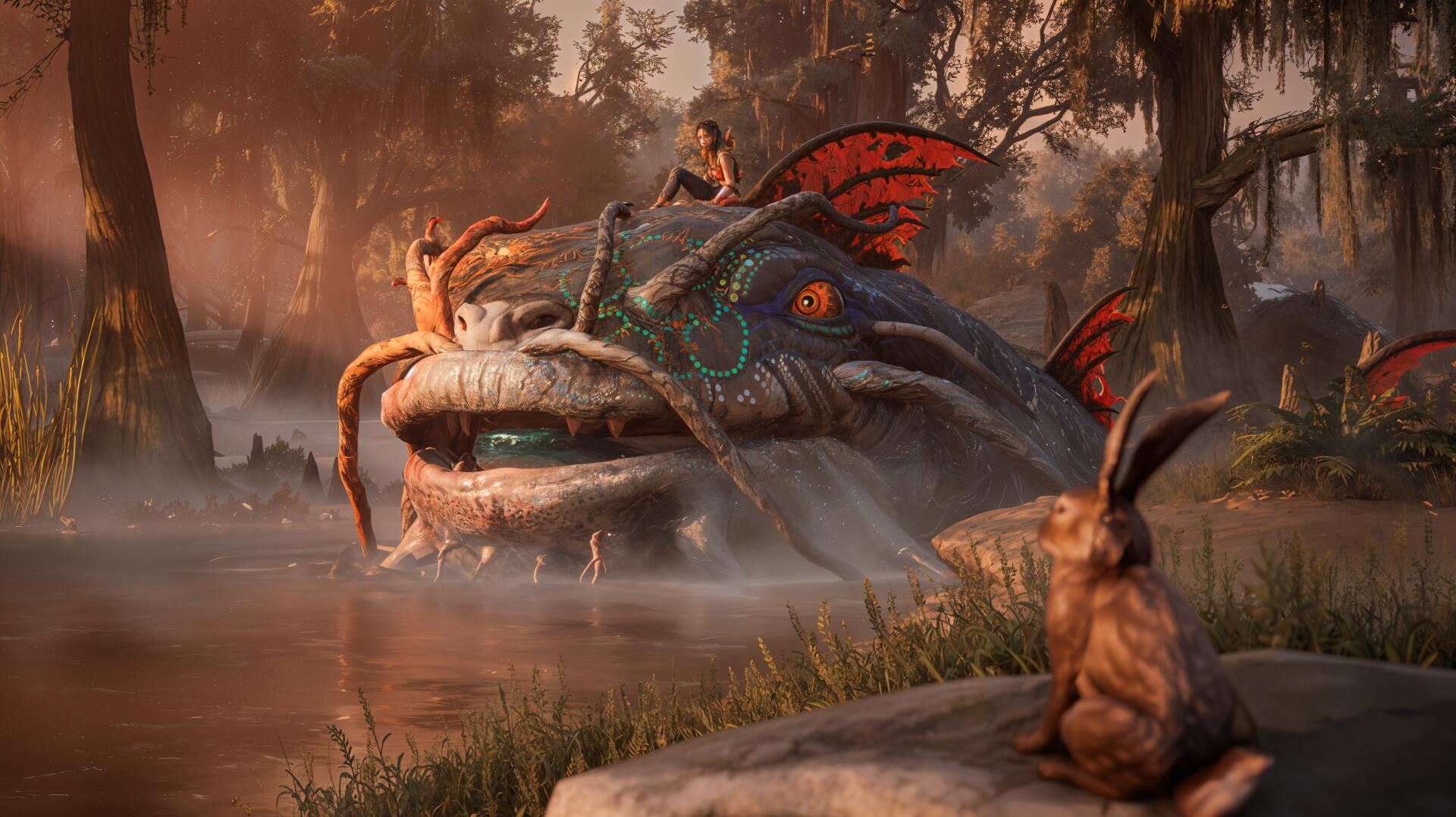 A fantastical scene from the video game South of Midnight, showcasing a giant creature in a misty swamp, with a character on its back and a rabbit watching nearby. 4K Ultra HD quality.