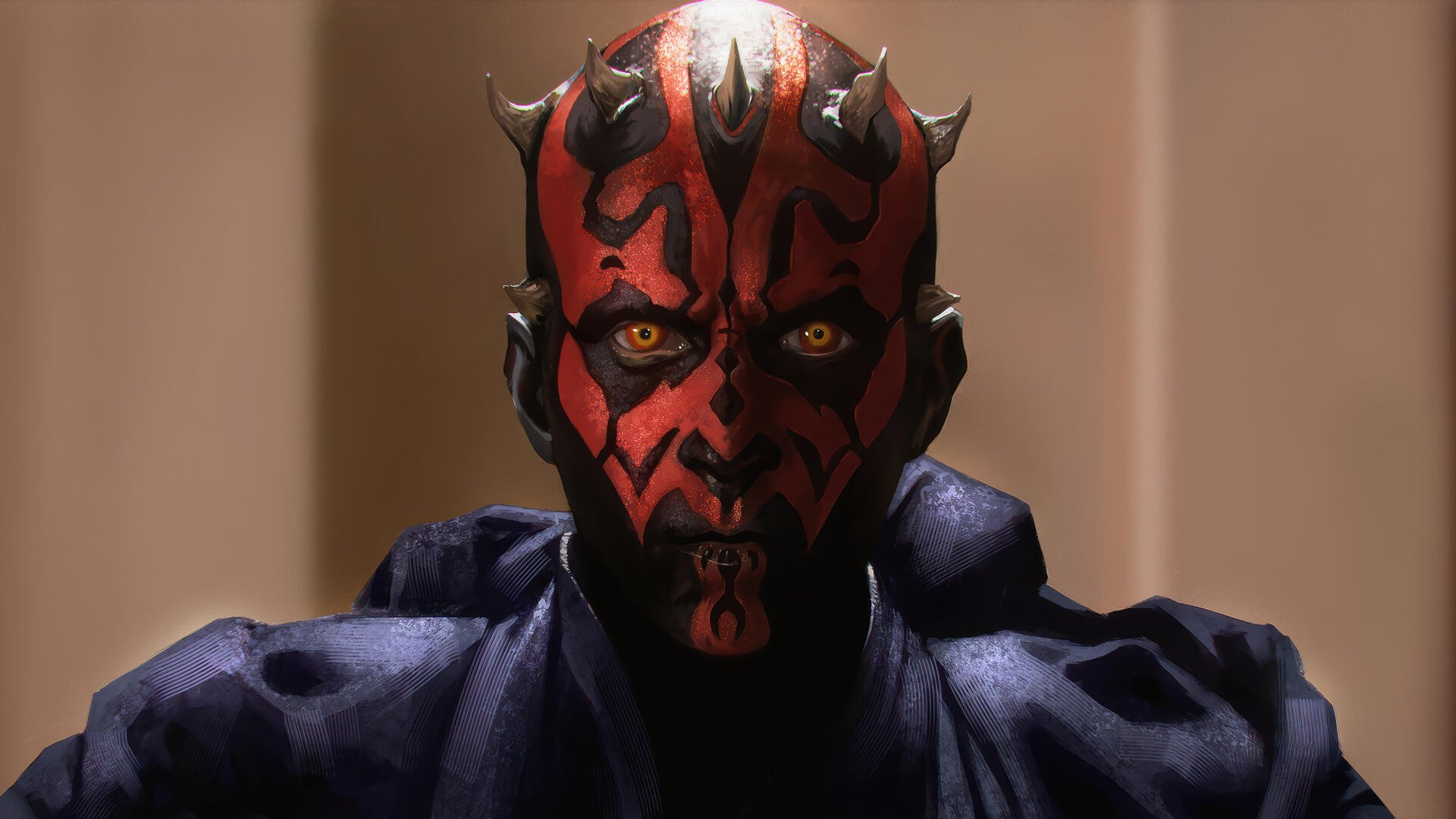 Darth Maul, the iconic Sith from Star Wars, features prominently in this striking 4K Ultra HD wallpaper, showcasing his menacing look and vivid red and black facial markings.
