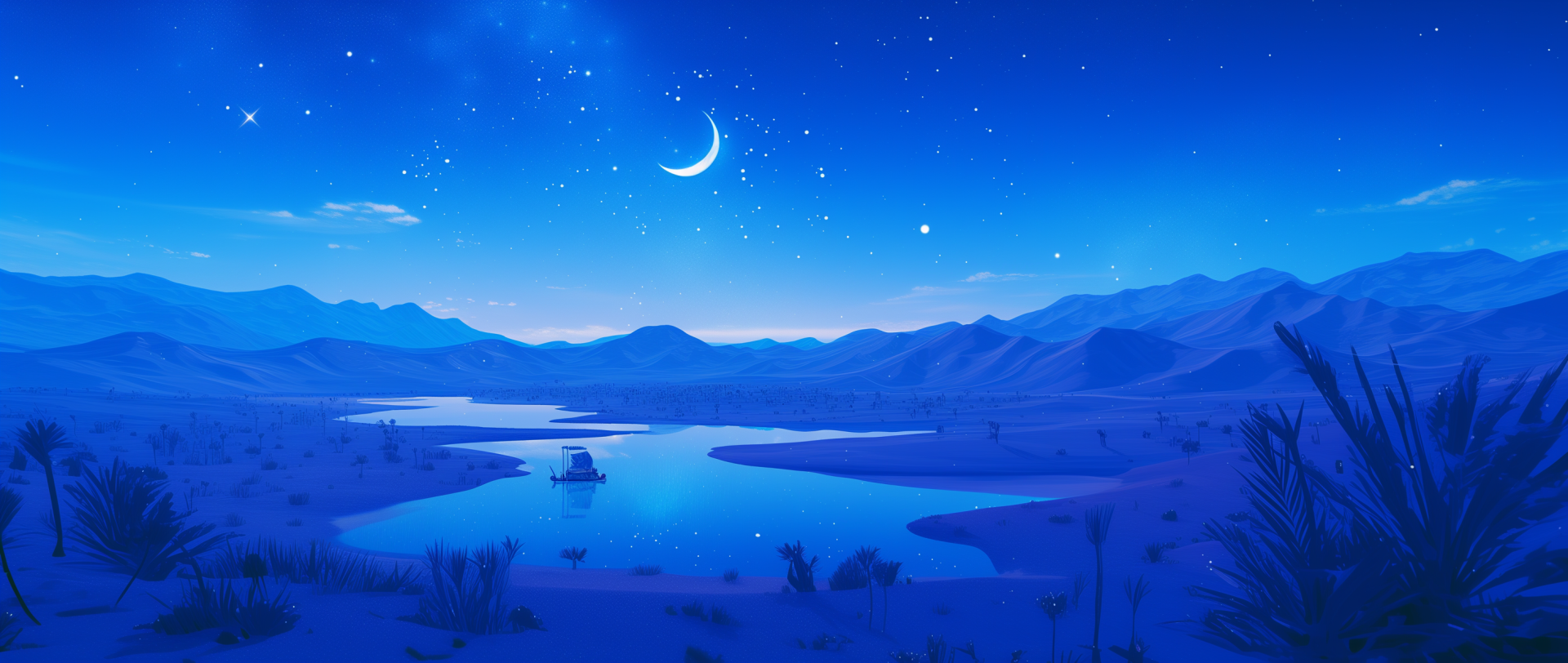 A serene anime landscape features an oasis in a desert under a starry sky, with mountains and a calm river illuminated by a crescent moon, making for a captivating HD wallpaper.