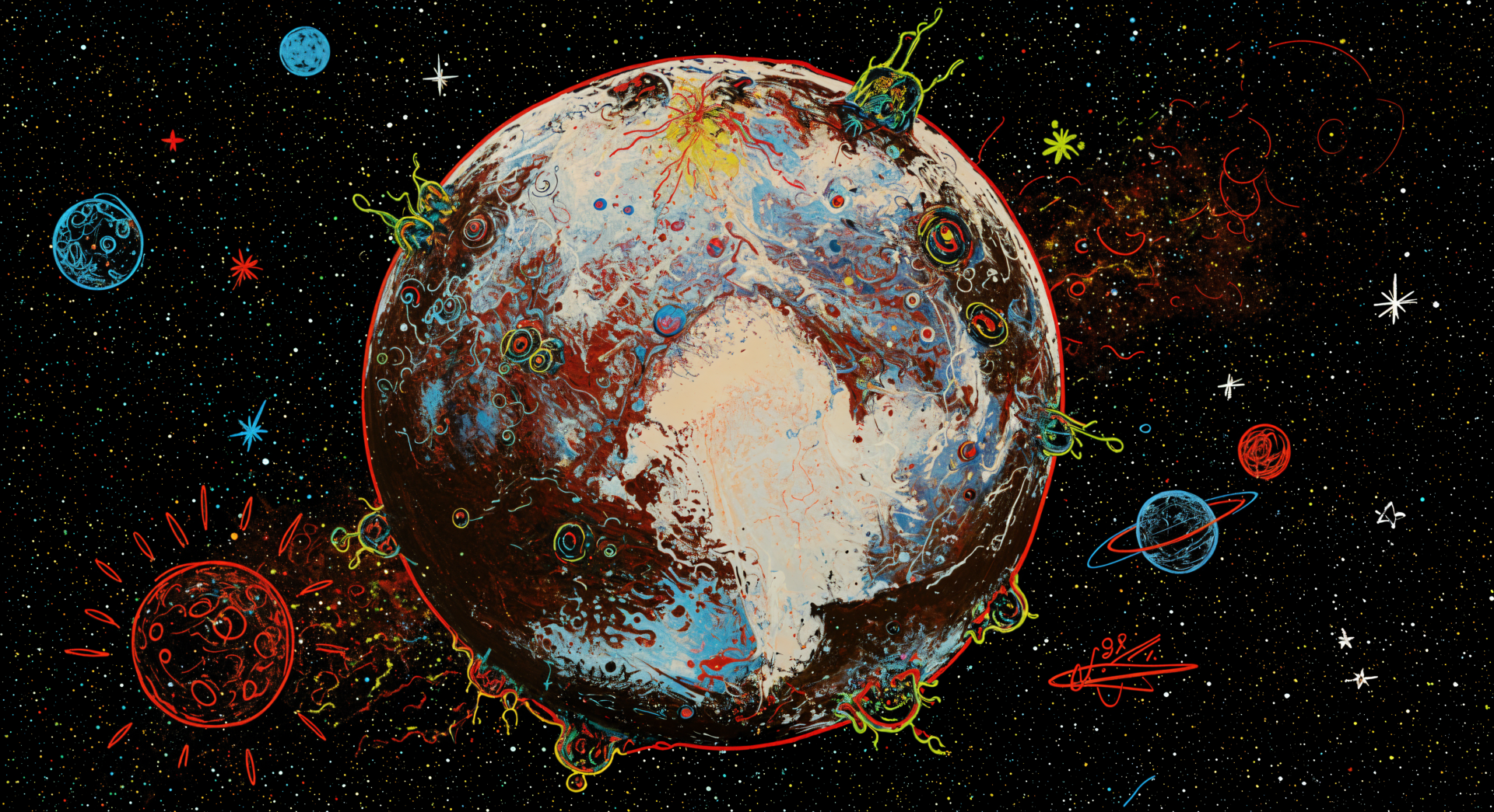 A vibrant 4K Ultra HD wallpaper depicting Pluto surrounded by colorful cosmic elements and stars, creating a dynamic and immersive space background.