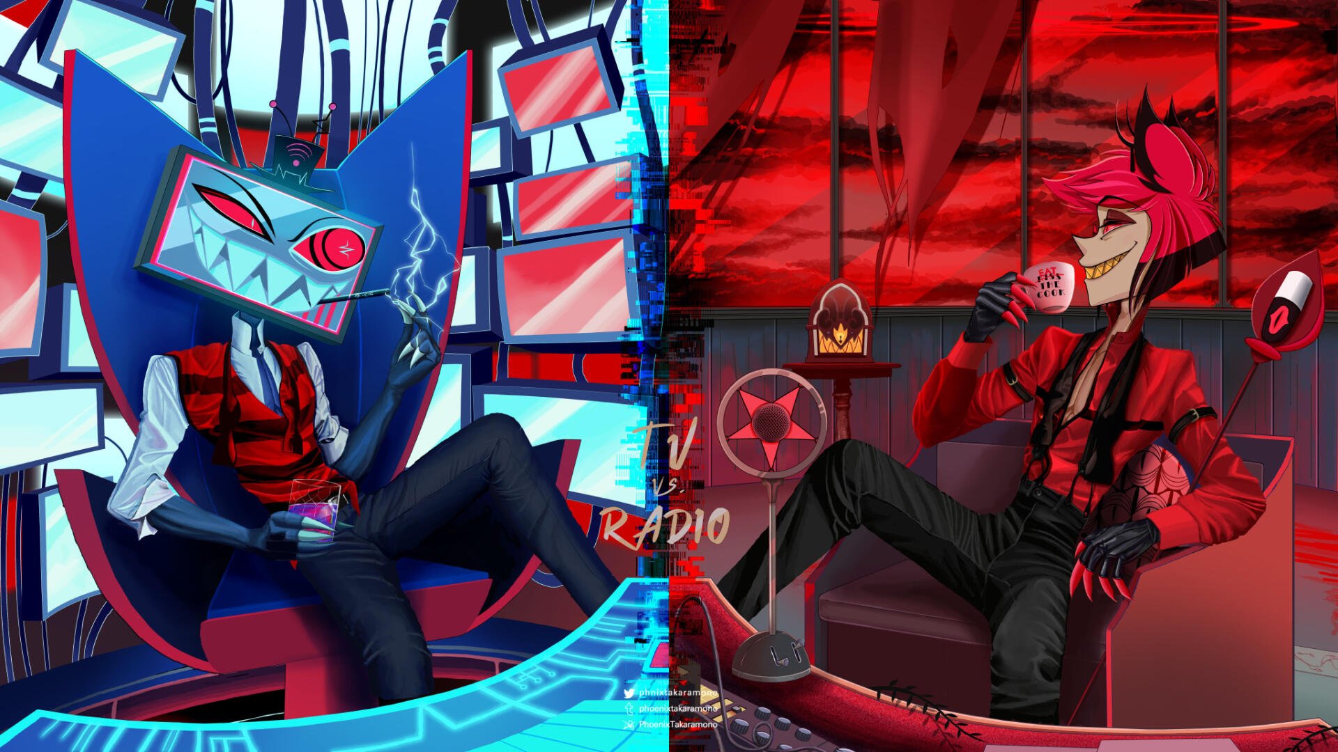 HD wallpaper featuring Vox and Alastor from the TV show Hazbin Hotel, showcasing vibrant colors and dynamic poses against contrasting backgrounds.